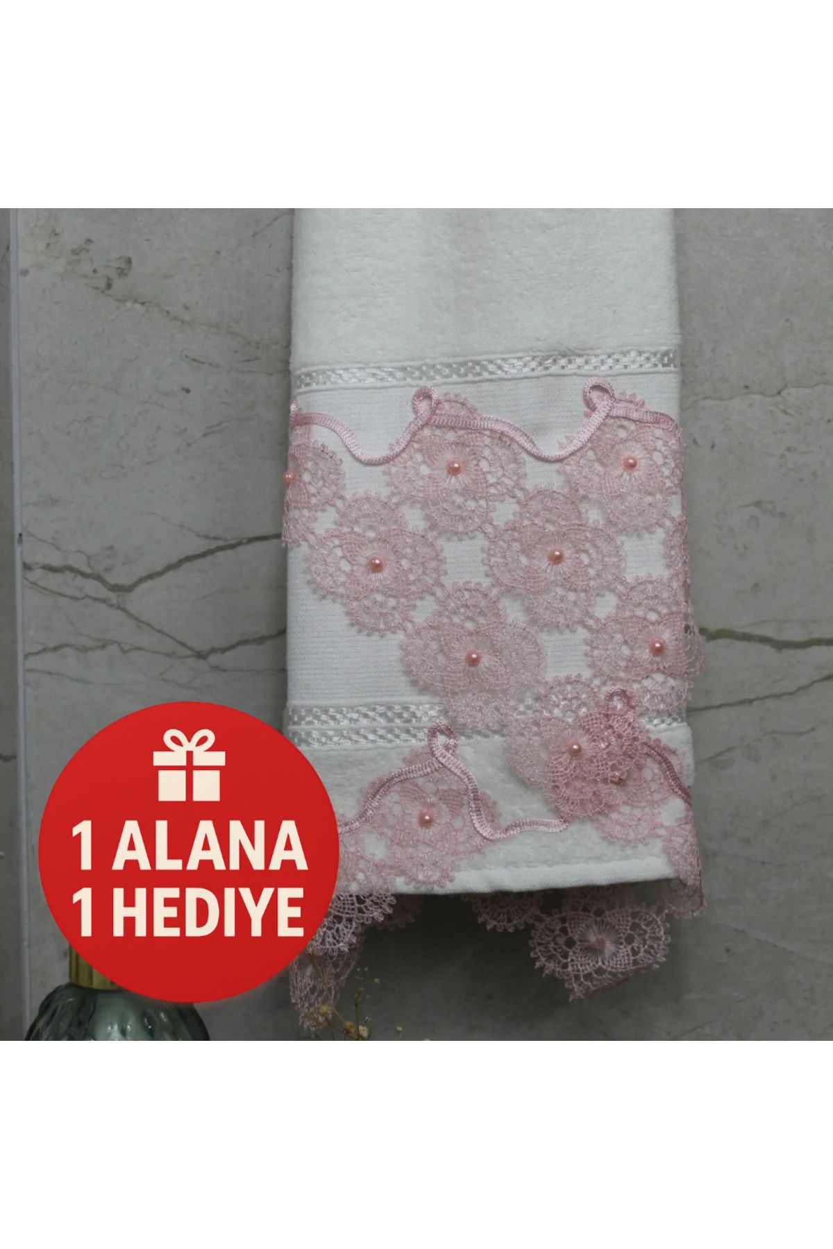 Lobya Selune Bir Alana Bir Hediye Pembe Dantelli El Havlusu (50 X 90)