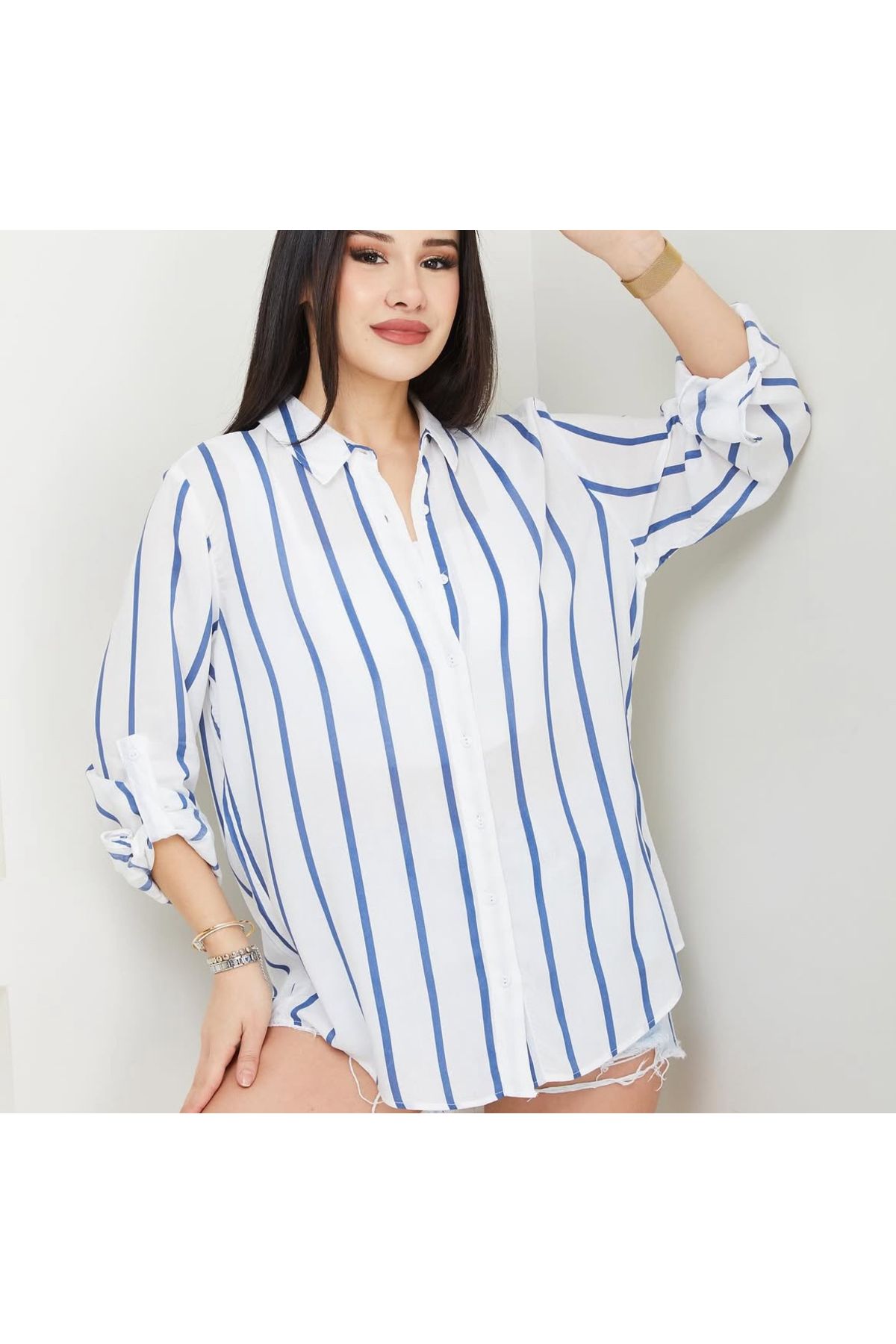 AKA Butik Kadın Cizgili Viskon Gömlek-AYN