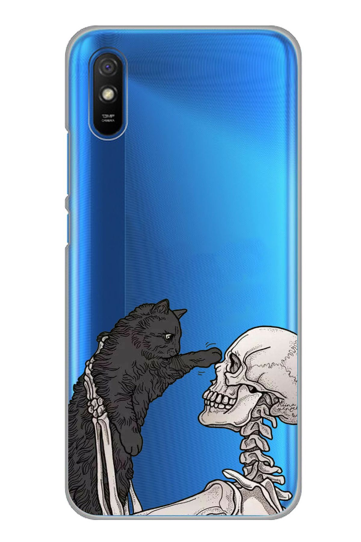 TechTree Redmi 9A Uyumlu İskelet ve Kara Kedi Tasarımlı Şeffaf Silikon Kılıf