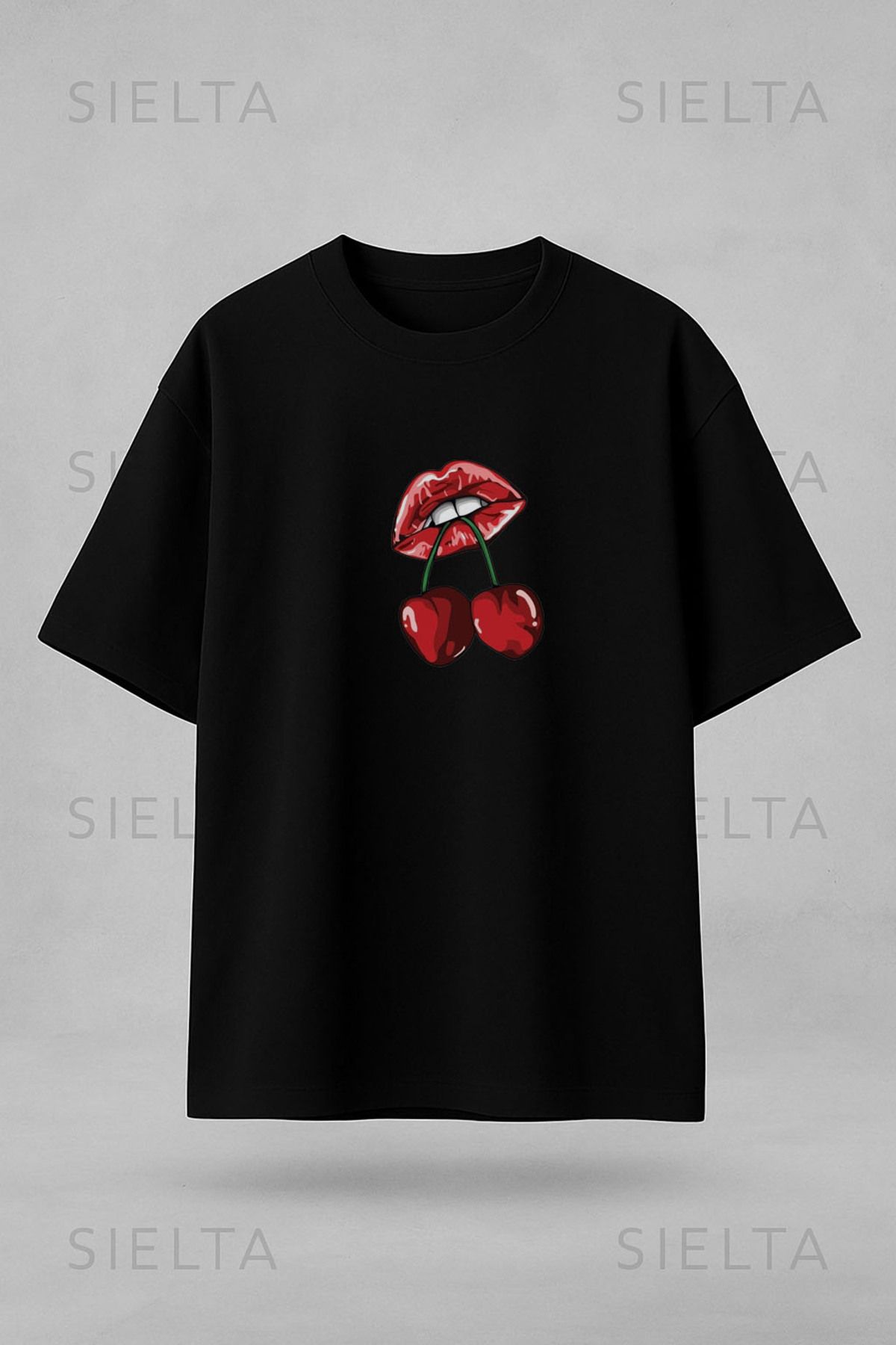 Darkia Cherry Kiraz Baskılı Bisiklet Yaka Oversize Siyah Tişört T-shirt