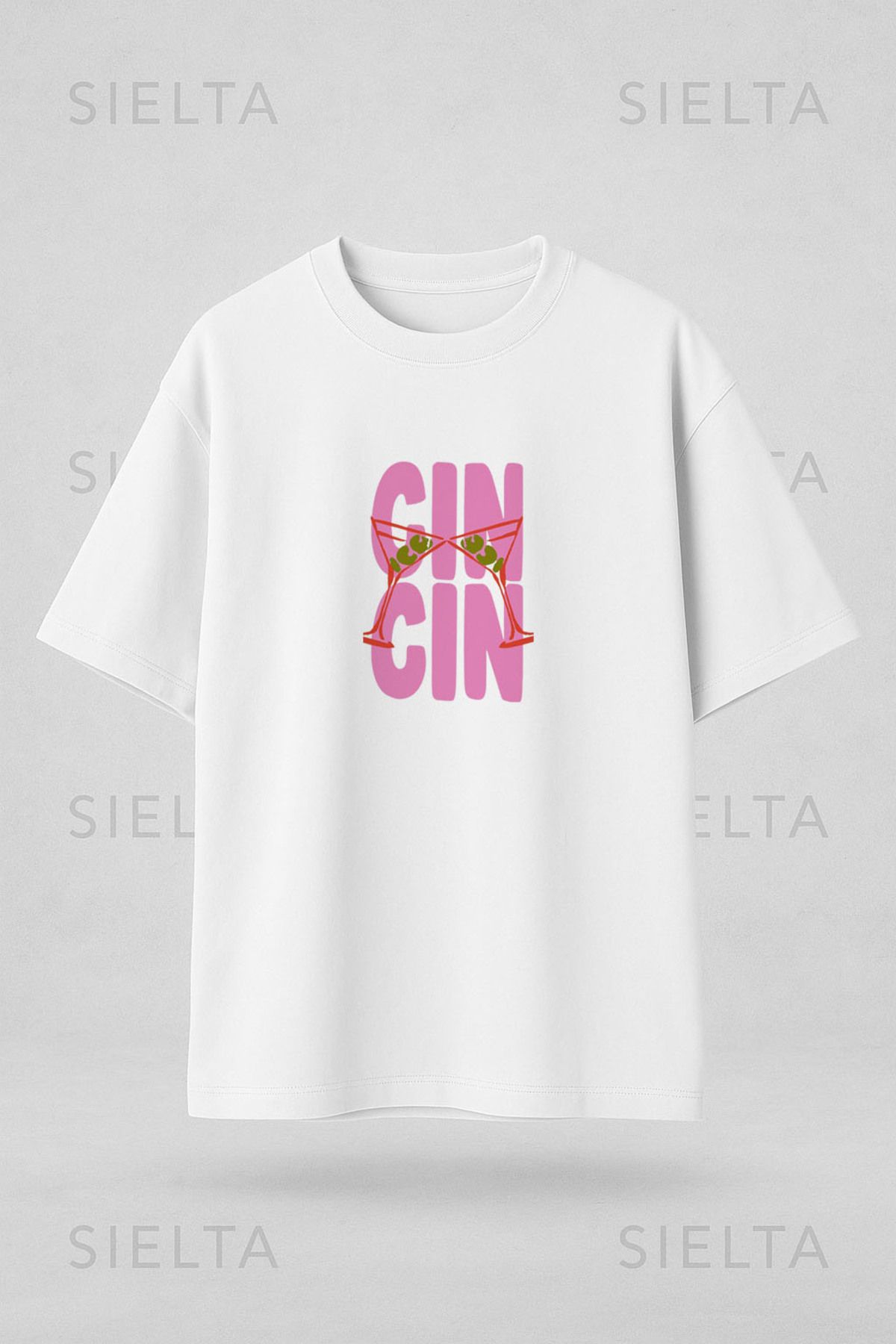 Darkia Alkol Cin Kokteyl Baskılı Bisiklet Yaka Oversize Beyaz Tişört T-shirt