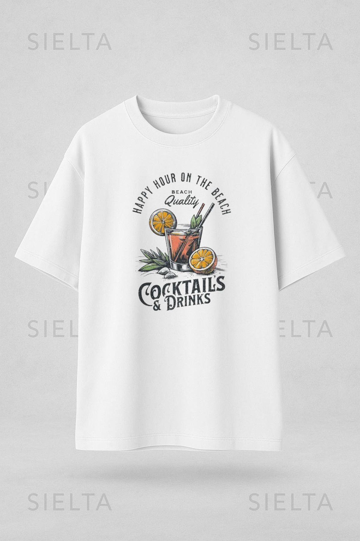 Darkia Alkol Kokteyl Baskılı Bisiklet Yaka Oversize Beyaz Tişört T-shirt