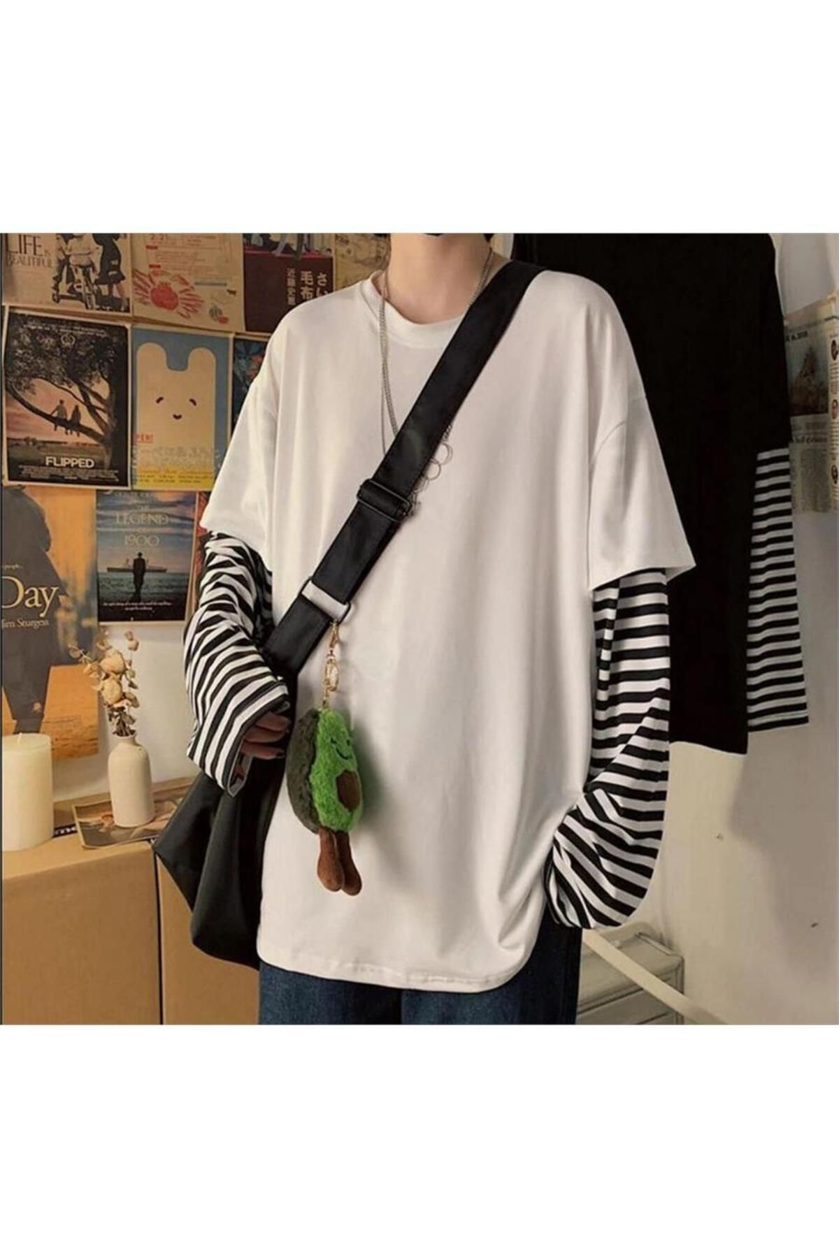 BALİNA Oversize Düz Beyaz Çizgili Uzun Kollu T-shirt -BLN