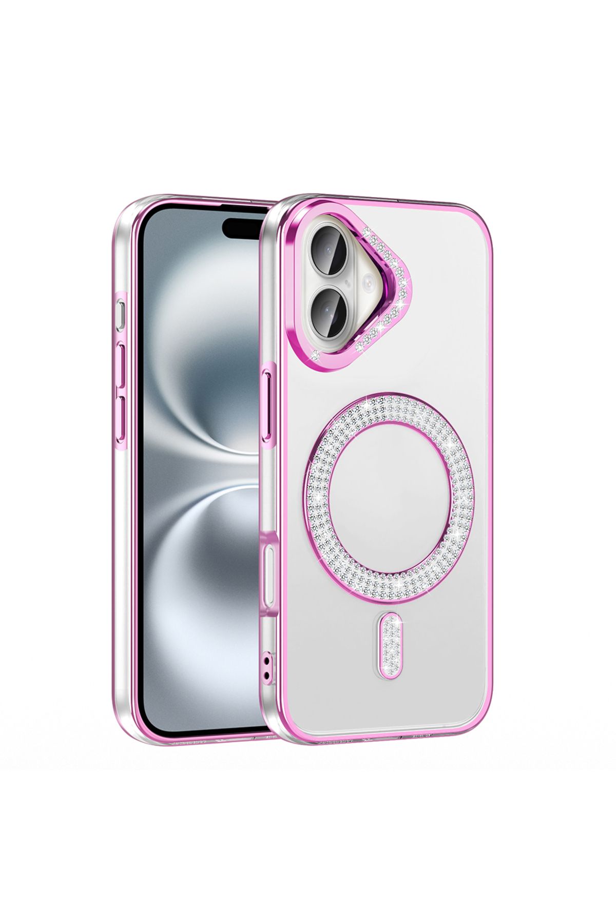 Strap U Apple iPhone 16 Kılıf Pırlanta Taş Tasarımlı M-safe Şarj Özellikli Karetta Silikon Kapak