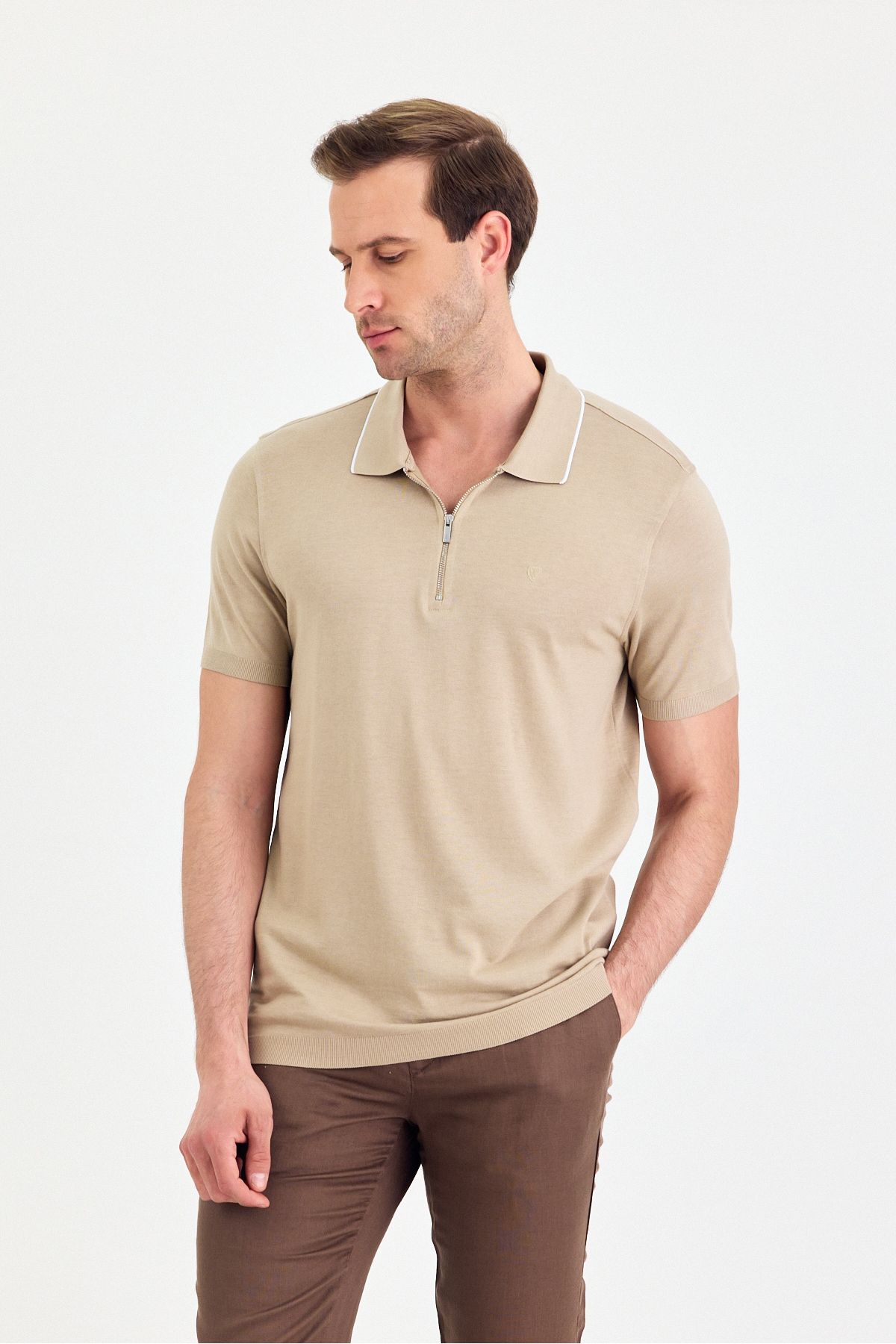 ENQUE Erkek Basic Fermuarlı Düz Kıvrılmaz Polo Yaka Modal Pamuklu Slim Fit Tişört