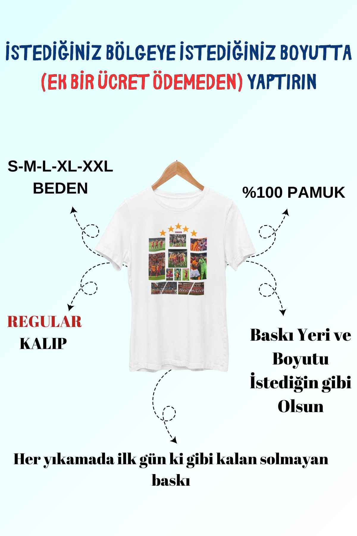 Tshirto 5 Yıldız Şampiyonluk Kolaj Tasarım Baskılı %100 Pamuk Bisiklet Yaka Regular T-shirt