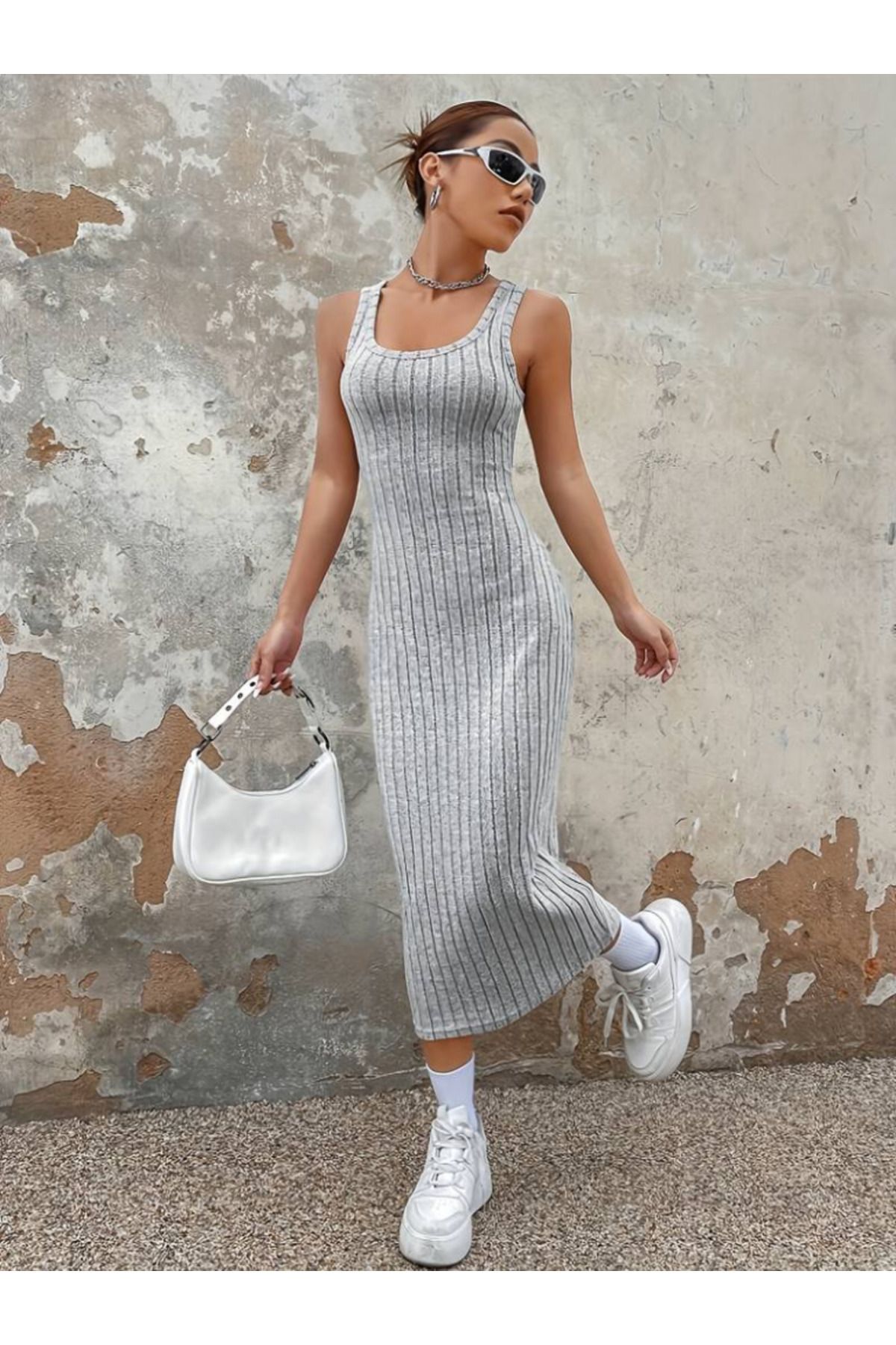 velmorafashion Kadın Kalın Askılı Kare Yaka Fitilli Kaşkorse Midi Boy Elbise