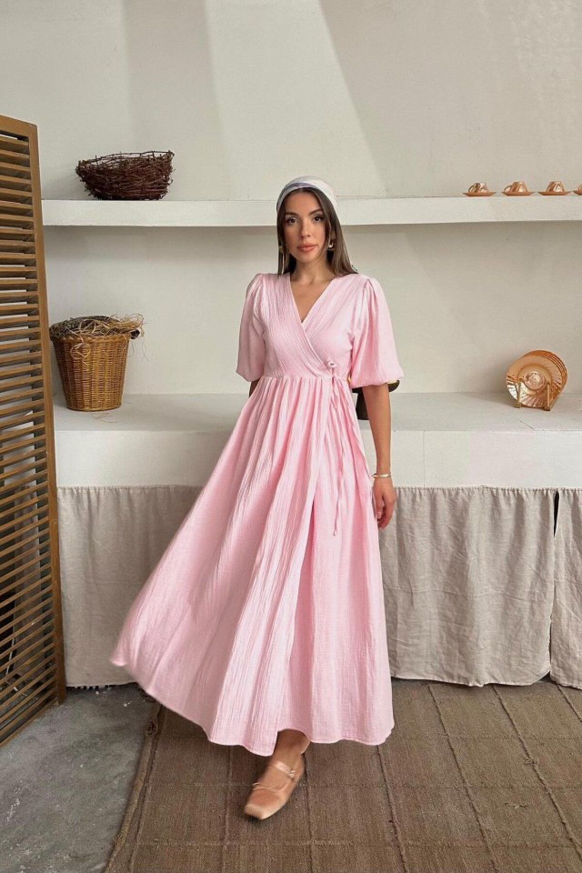velmorafashion Pembe Müslin Uzun Elbise