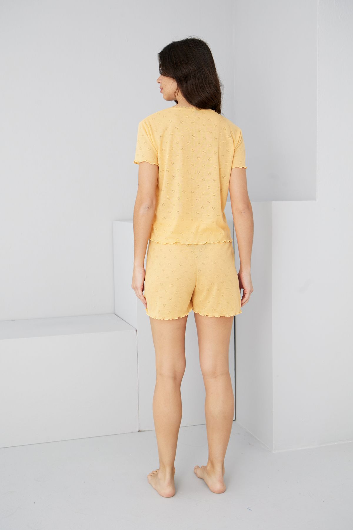 Siyah İnci-Yellow Pointel Openwork/Hole Knitted Shorts Set7892 4