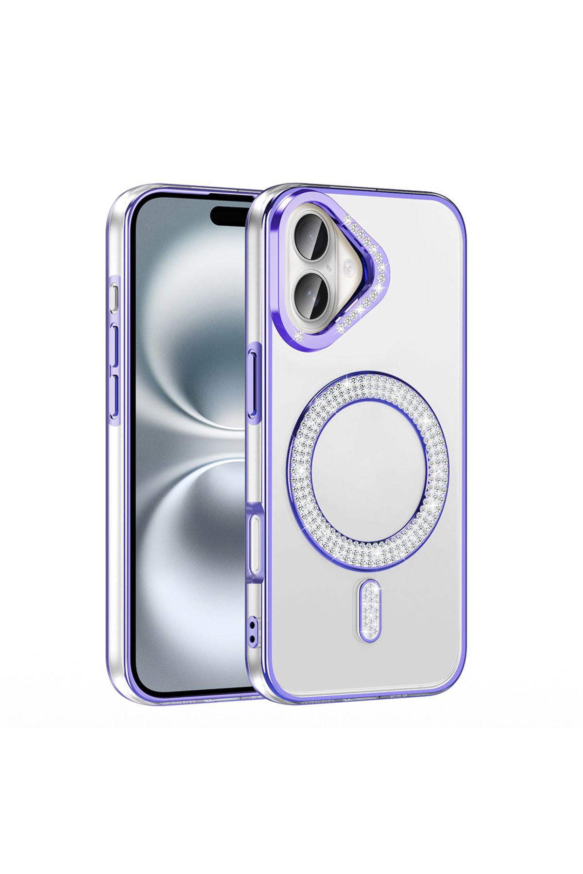 Strap U Apple iPhone 16 Kılıf Pırlanta Taş Tasarımlı M-safe Şarj Özellikli Karetta Silikon Kapak