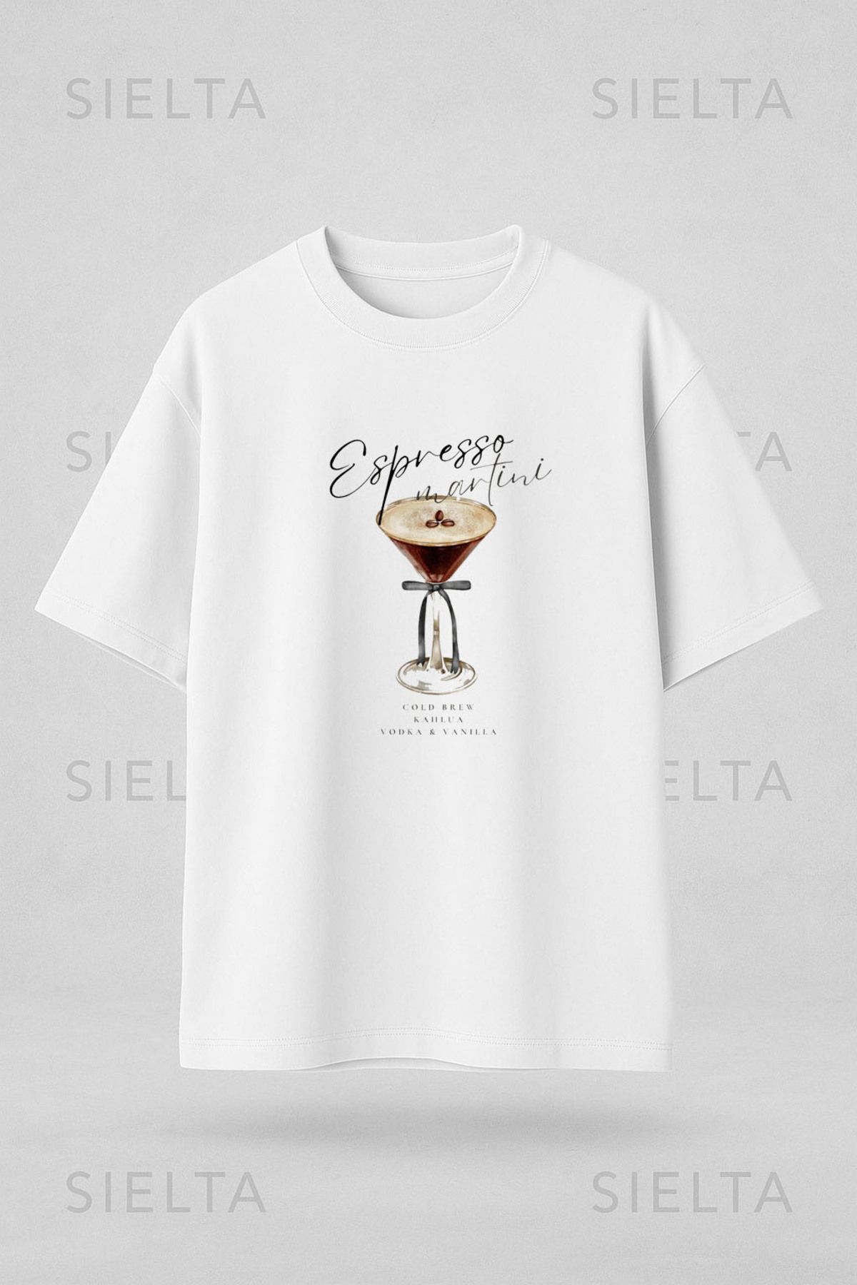 Darkia Espresso Martini Baskılı Bisiklet Yaka Oversize Beyaz Tişört T-shirt