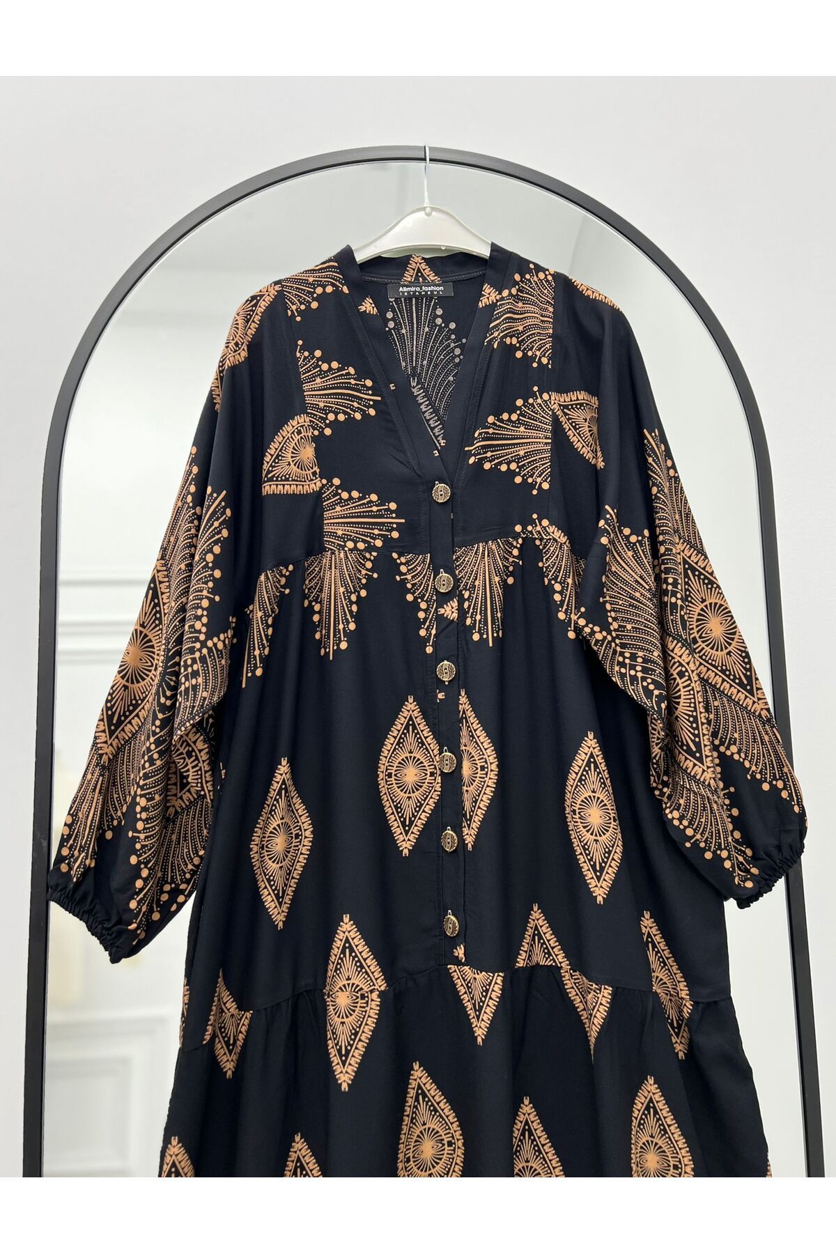 ALLMİRA FASHION Yazlık Viskon Uzun Elbise Siyah Desenli