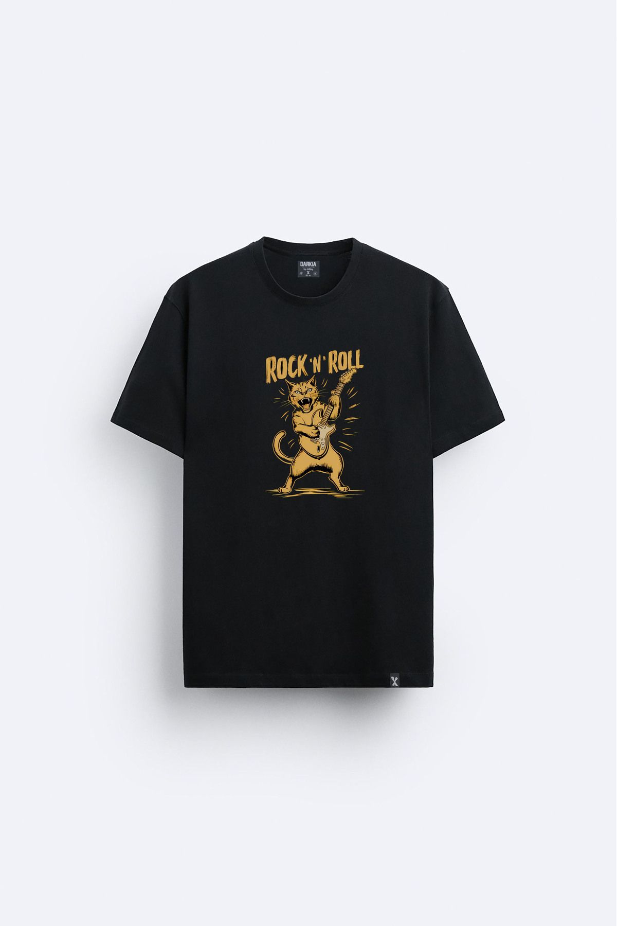 Darkia Rock n Roll Cat Kedi Baskılı Bisiklet Yaka Siyah Tişört T-shirt