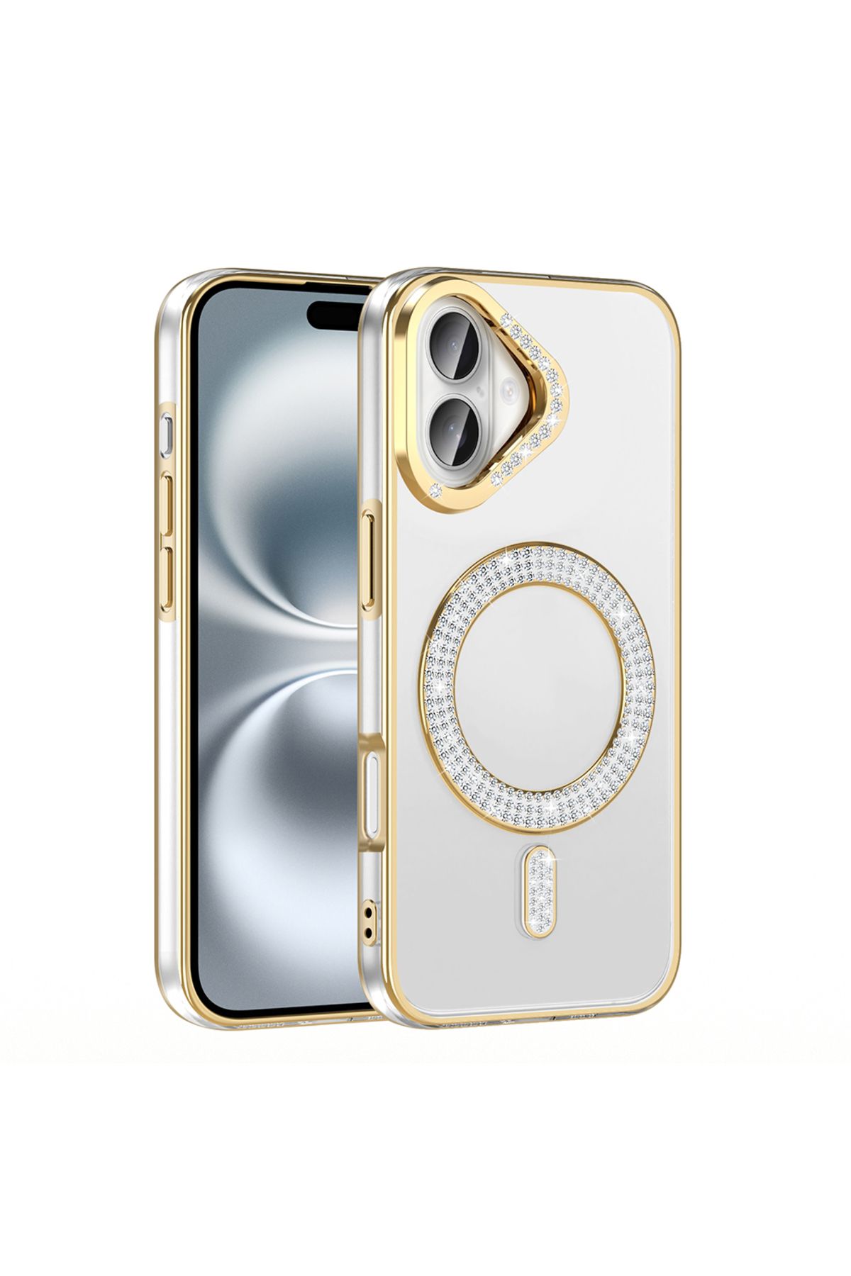 Strap U Apple iPhone 16 Kılıf Pırlanta Taş Tasarımlı M-safe Şarj Özellikli Karetta Silikon Kapak
