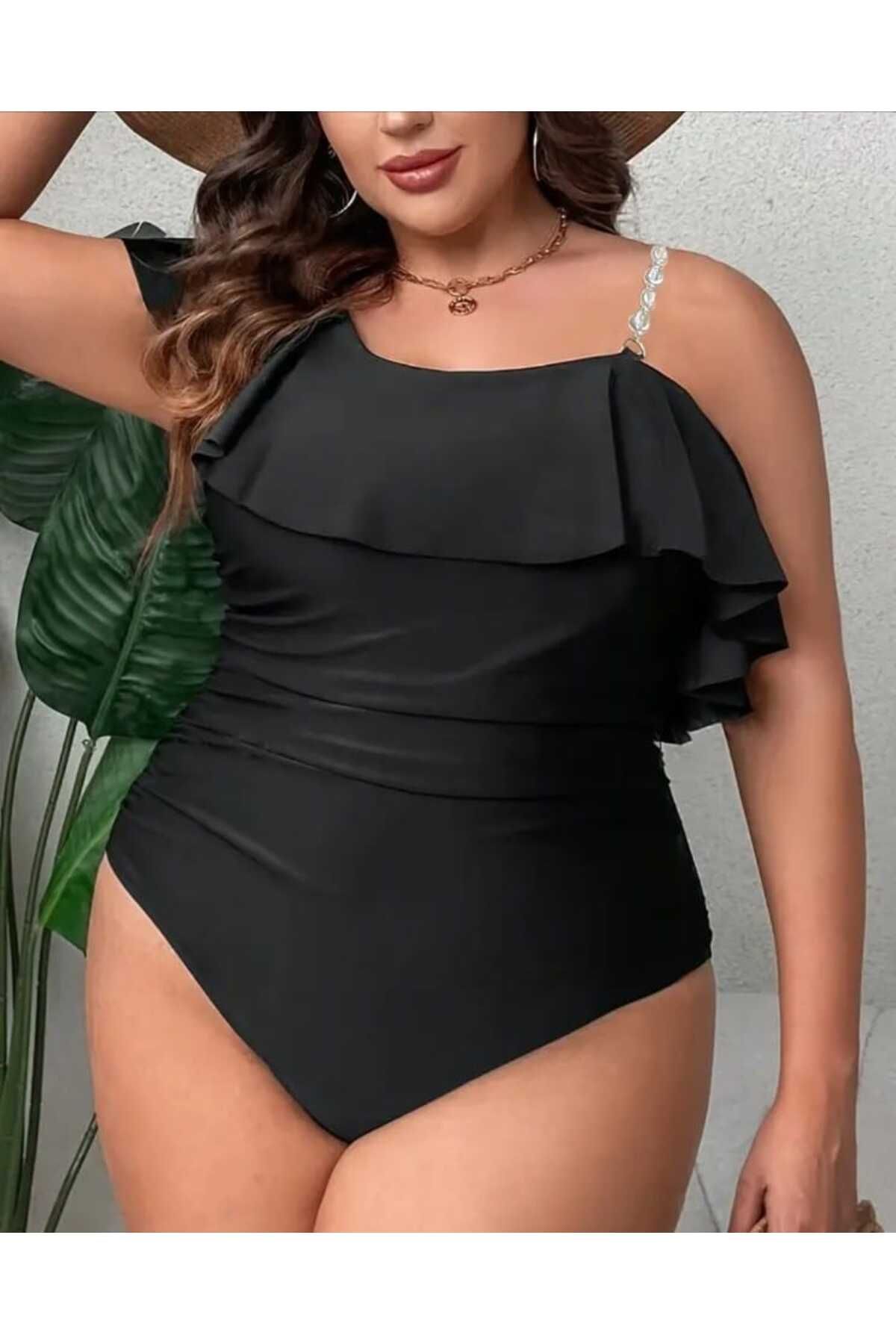 ELEGANT DREAM Büyük Beden Kadınlar İçin Tek Parça Mayo, Ruffled Pearl Straps ile Şık Tasarımı İle Plaj Giyim