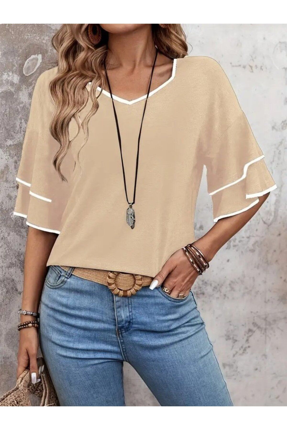 velmorafashion Kadın Kısa Kollu V Yakalı Viskon Bluz