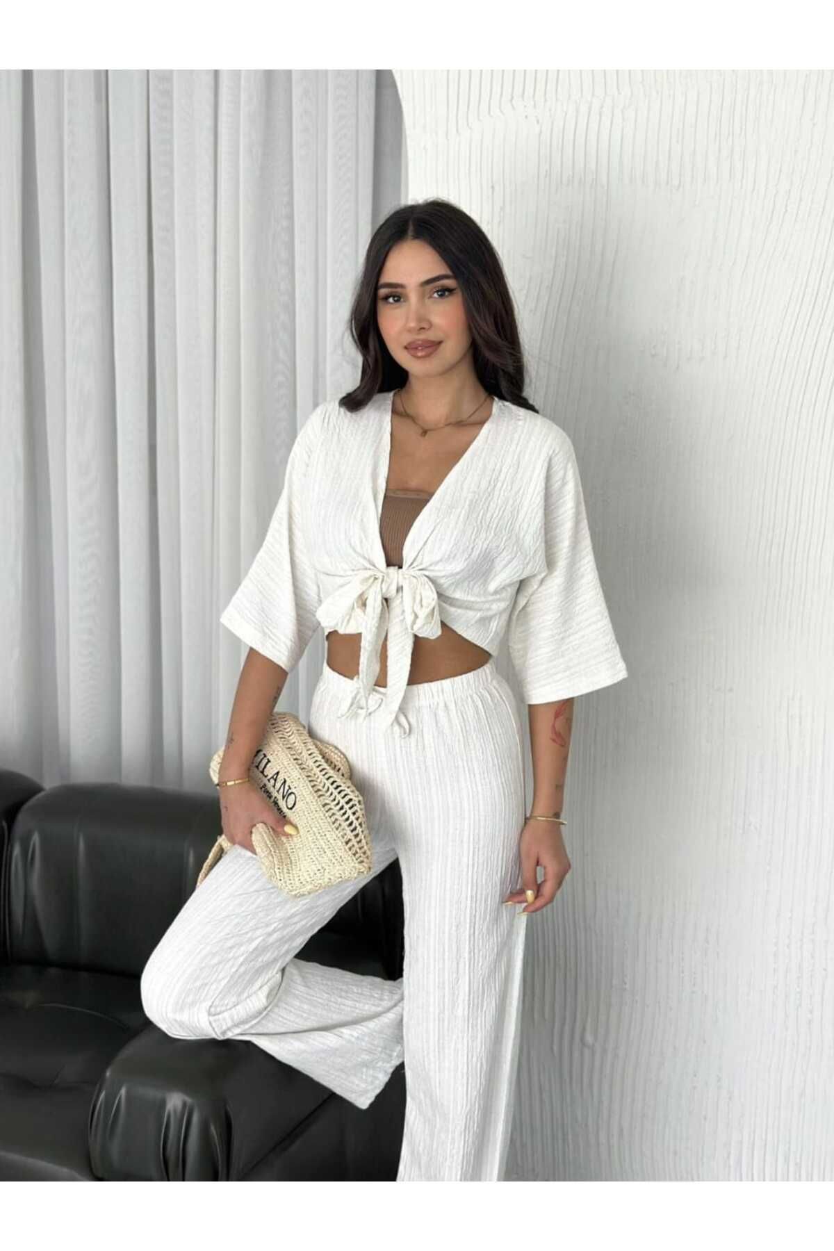 YAKAMOZ34BUTİK ÜST BAGLAMALI GÖMLEK PANTOLON TAKIM EKRU