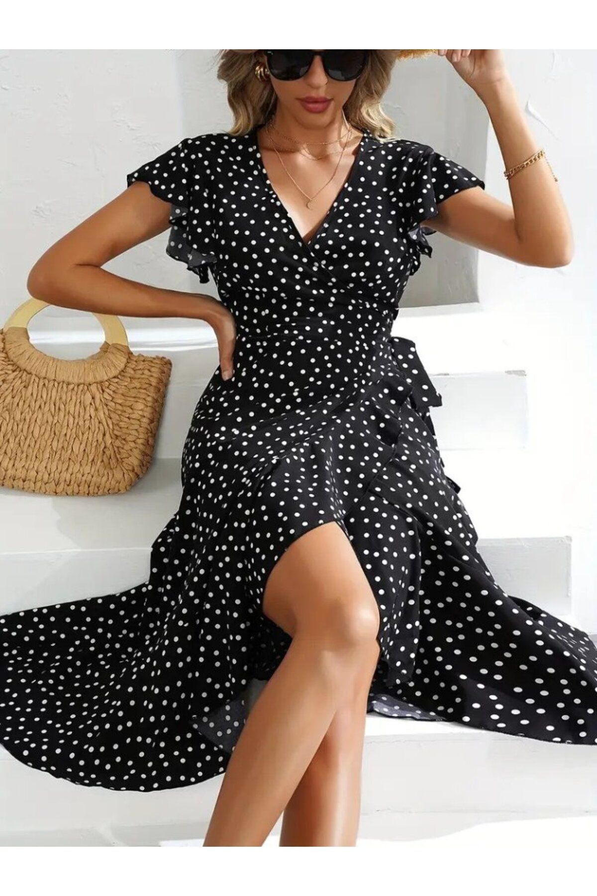 velmorafashion Kadın Kısa Kollu Kruvaze Yaka Yandan Bağlamalı Puantiyeli örme Krep Elbise