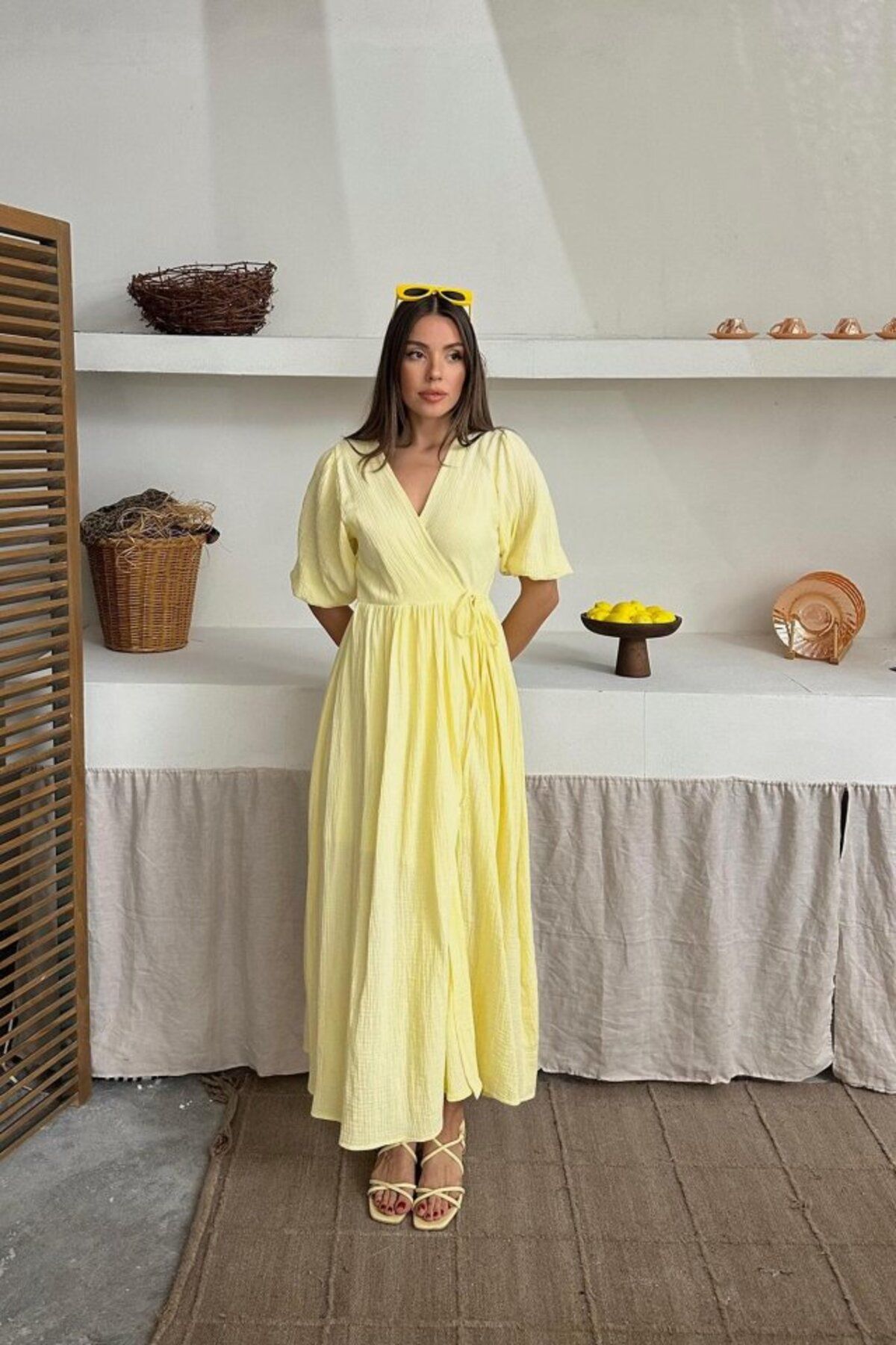velmorafashion Sarı Müslin Uzun Elbise