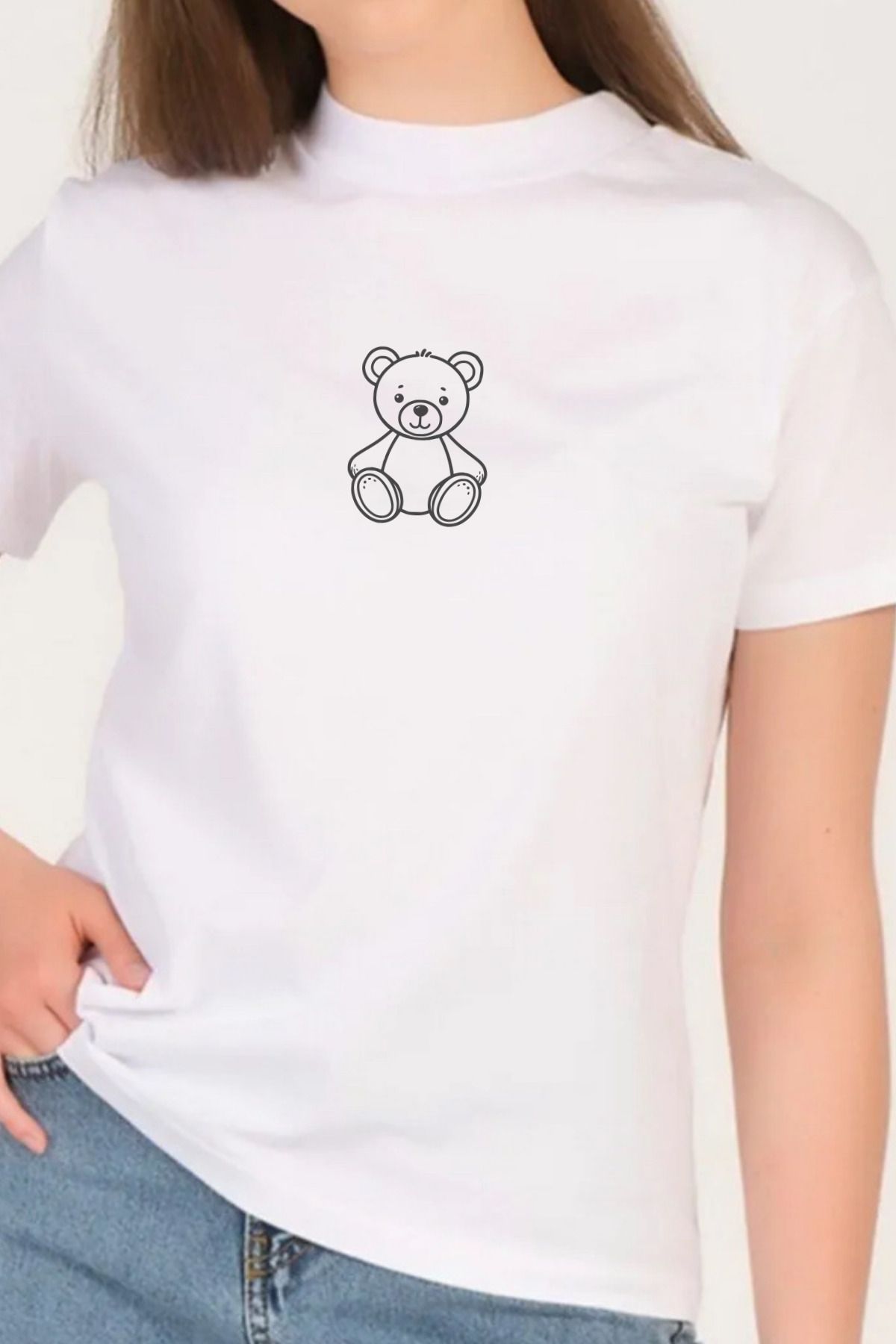 PHIL HILL Ayıcık Baskılı Kadın Beyaz Dik Yaka T-shirt %100 Pamuk