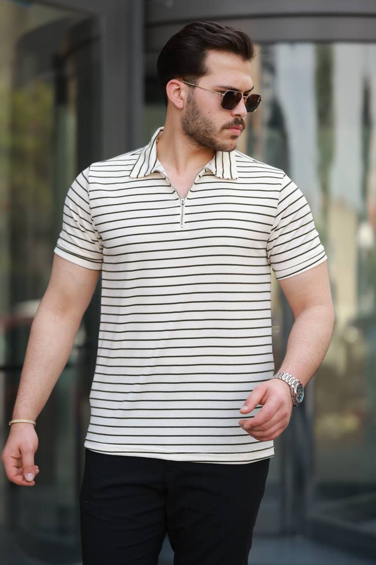 ROBERTO BORNOVA Yatay Çizgili Fermuarlı Polo Yaka Tshirt