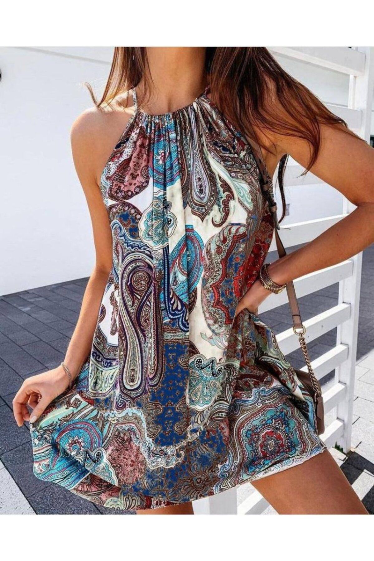velmorafashion Kadın şal Desen Mikro Kumaş Elbise