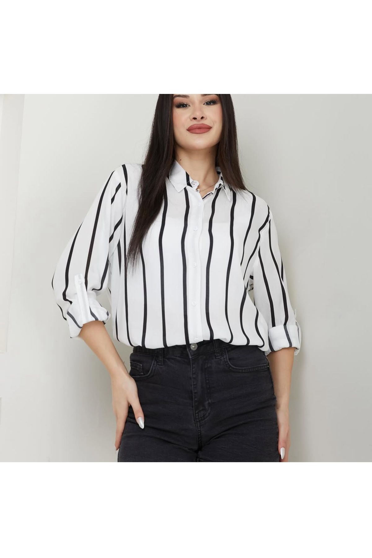 AKA Butik Kadın Cizgili Viskon Gömlek-AYN