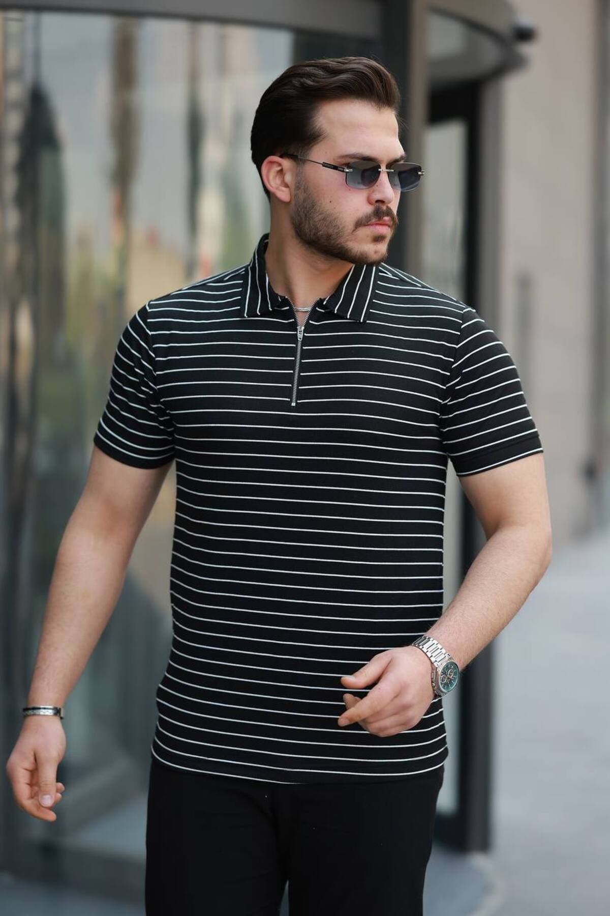 ROBERTO BORNOVA Yatay Çizgili Fermuarlı Polo Yaka Tshirt