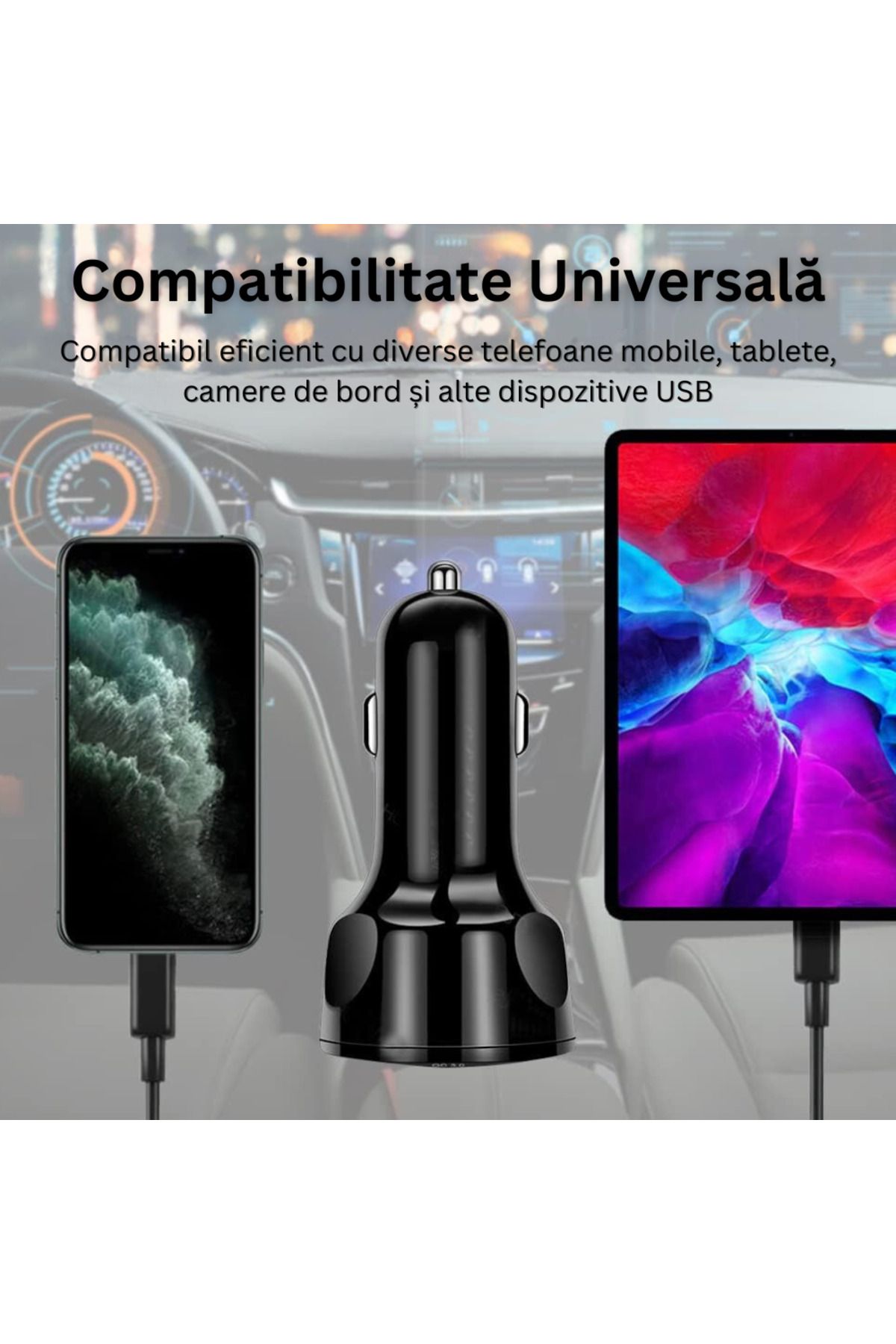 Velixo-Încărcător auto, 4 porturi USB, QC3.0, LED, 12-32V, cu cablu 3 în 1: Micro USB, Lightning, Tip C 2