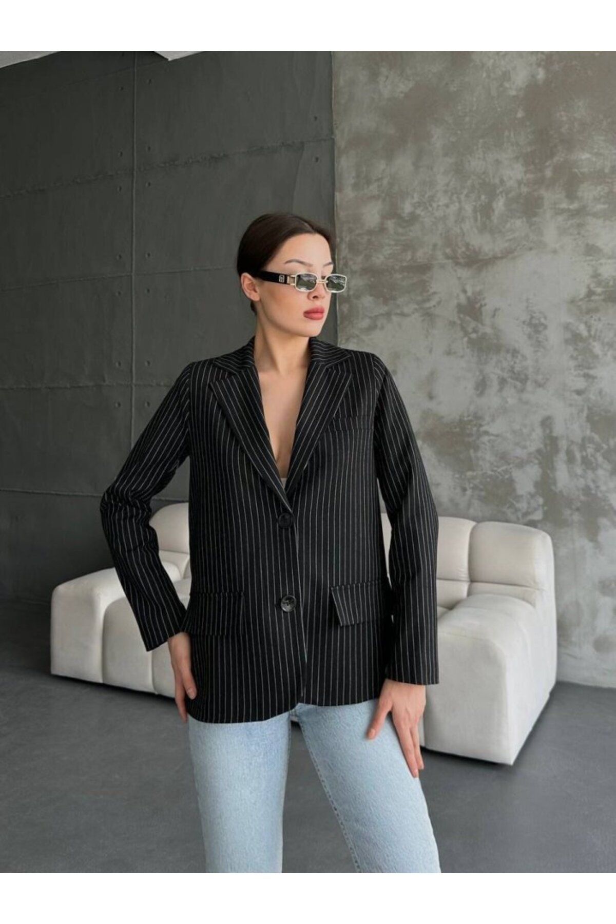 velmorafashion Çizgi Desenli Ceket