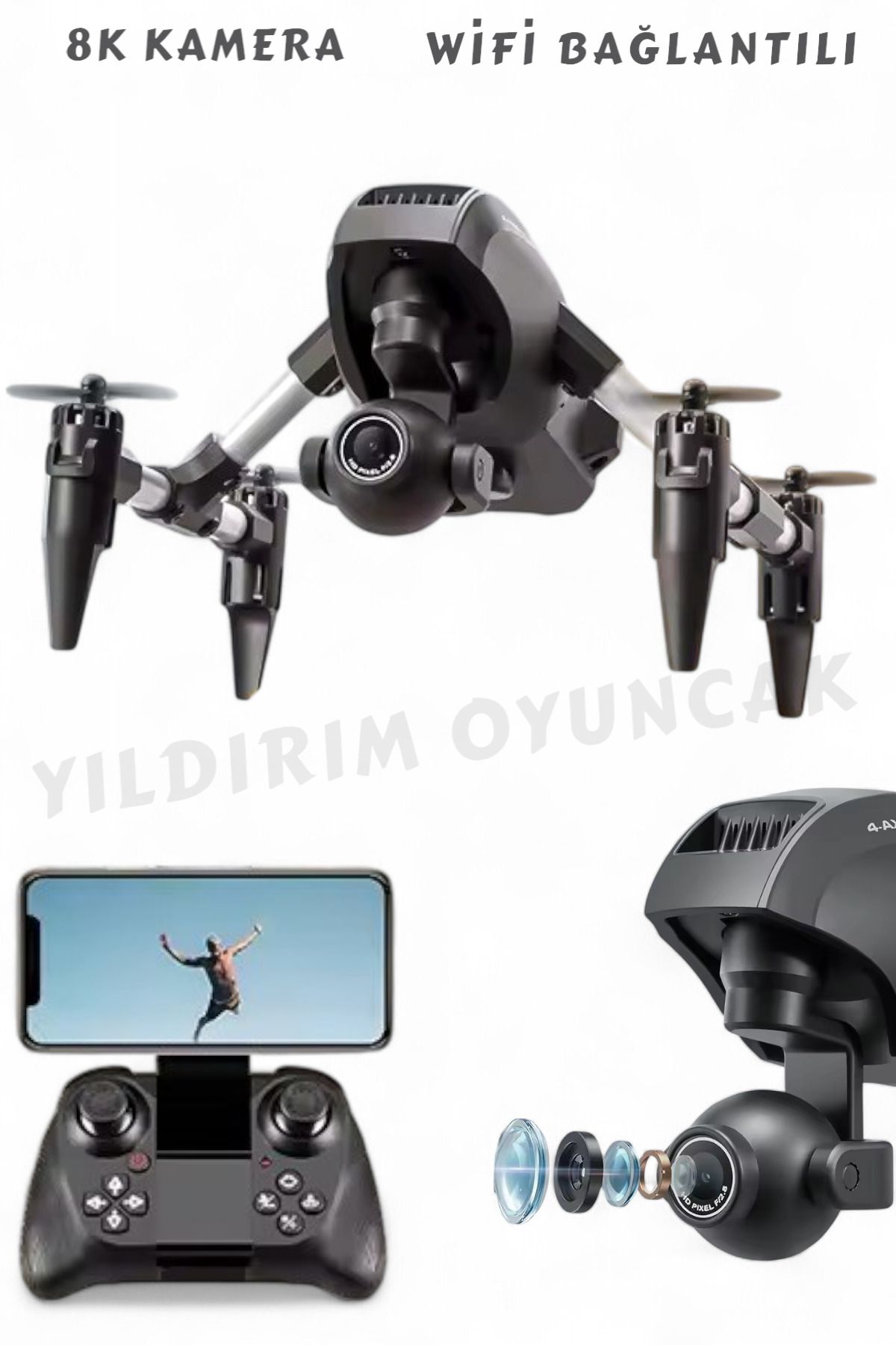 YILDIRIM OYUNCAK Uzaktan Kumandalı Full Fonksiyon Şarjlı 8K Kameralı Drone 13 cm - Wifi Bağlantılı Kamere Özellikli