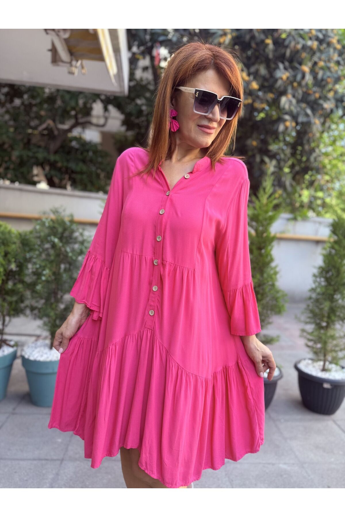DenizEge L-Fırfırlı Viskon Elbise Pembe