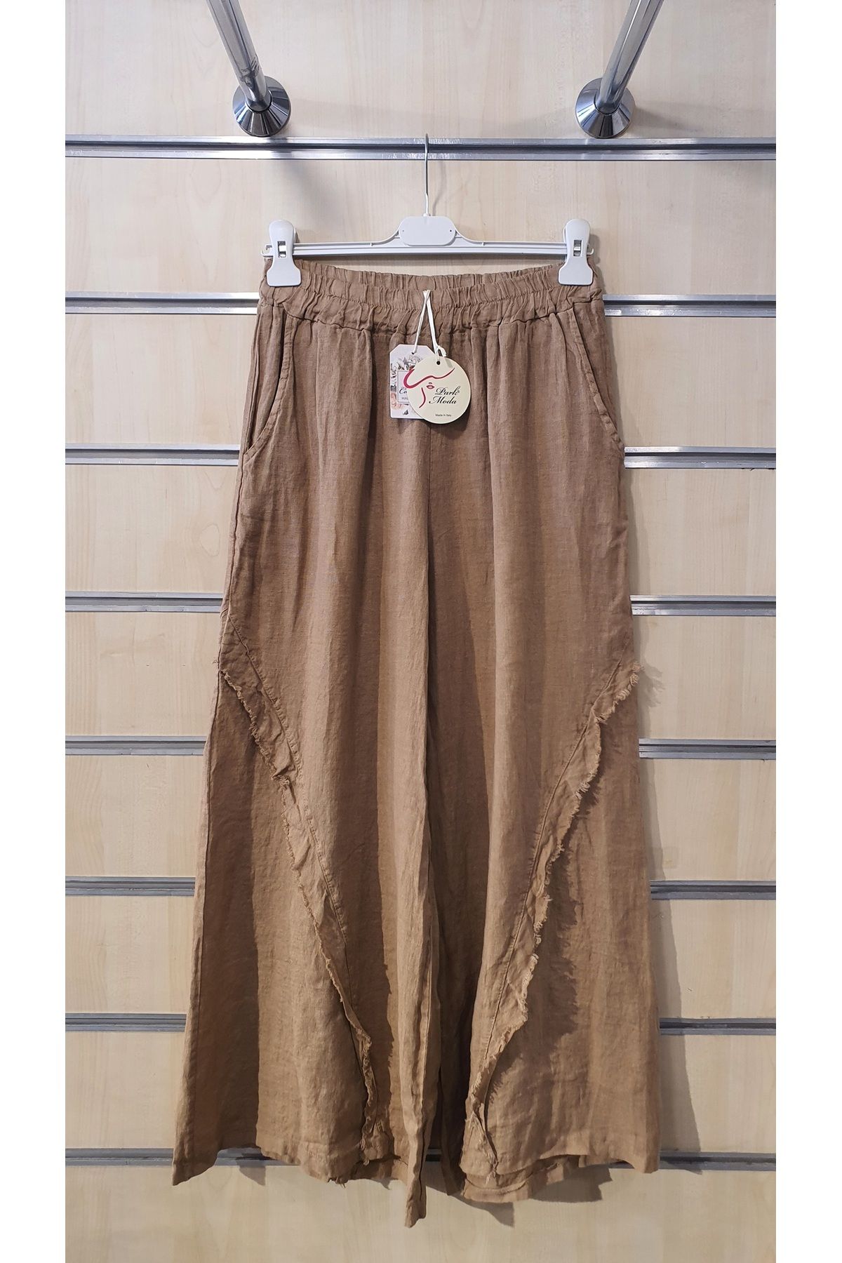 Park Moda İtalyan Keten Pantolon Düz Desen Saçaklı Keten Pantolon