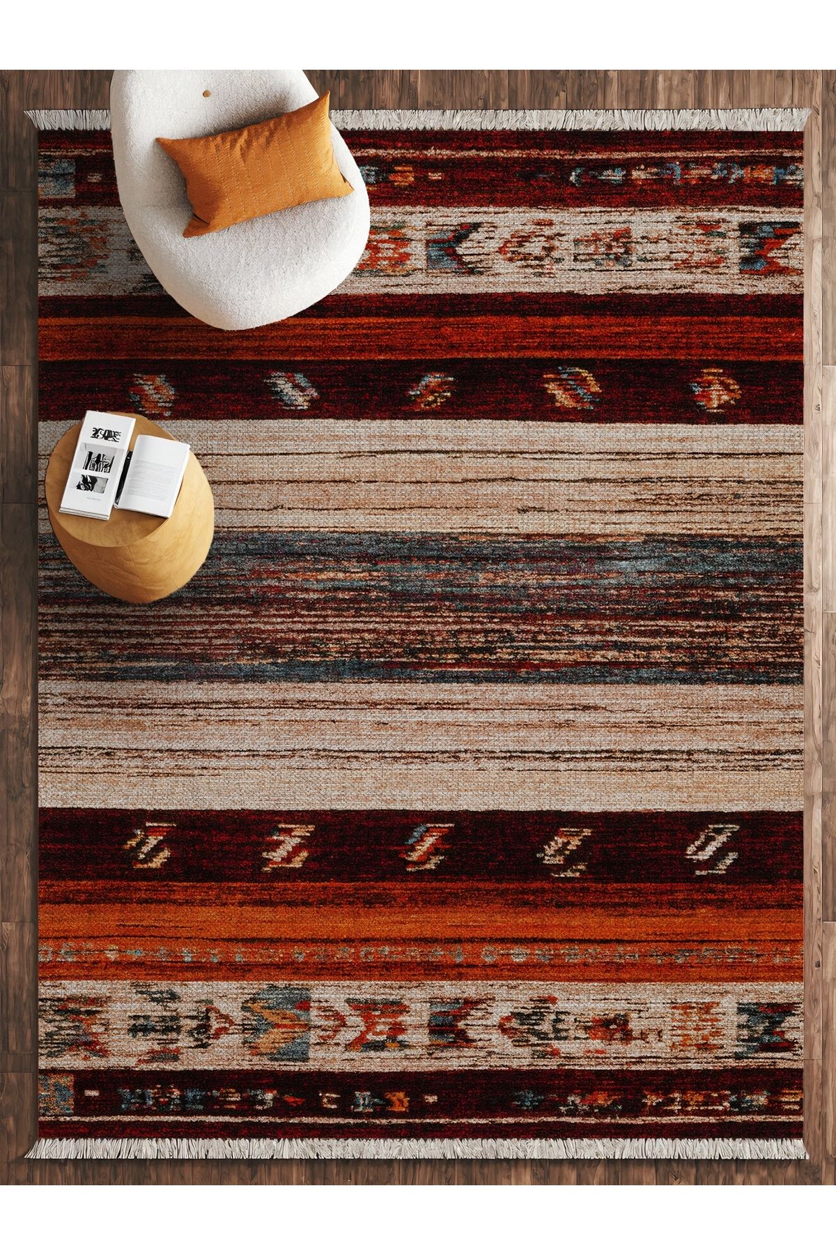 HALIZZON Rustik Bohem Halı Tarçın Bej Çizgili Etnik Desenli Dekoratif Halı