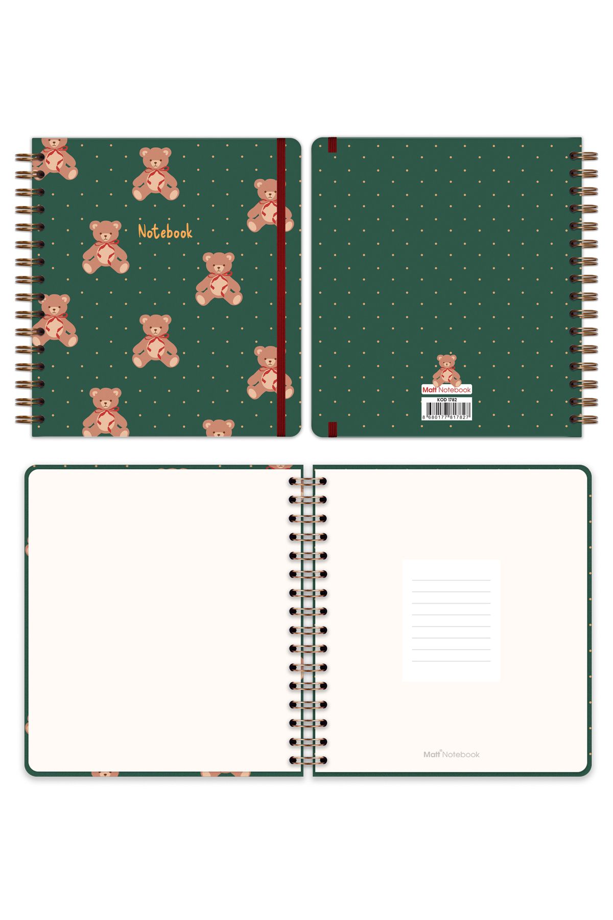 Matt Notebook-19X21 cm Square Elastic Spiral Hard Cover Notepad Lined Teddy Bears 6