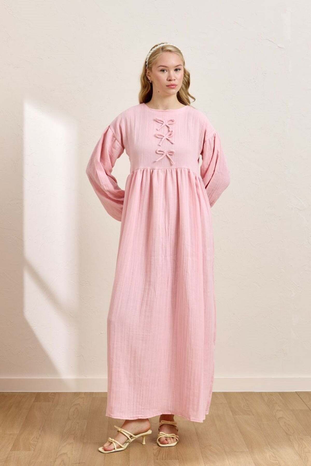 Ceylan Otantik Pembe Müslin Fiyonklu Belroba Elbise