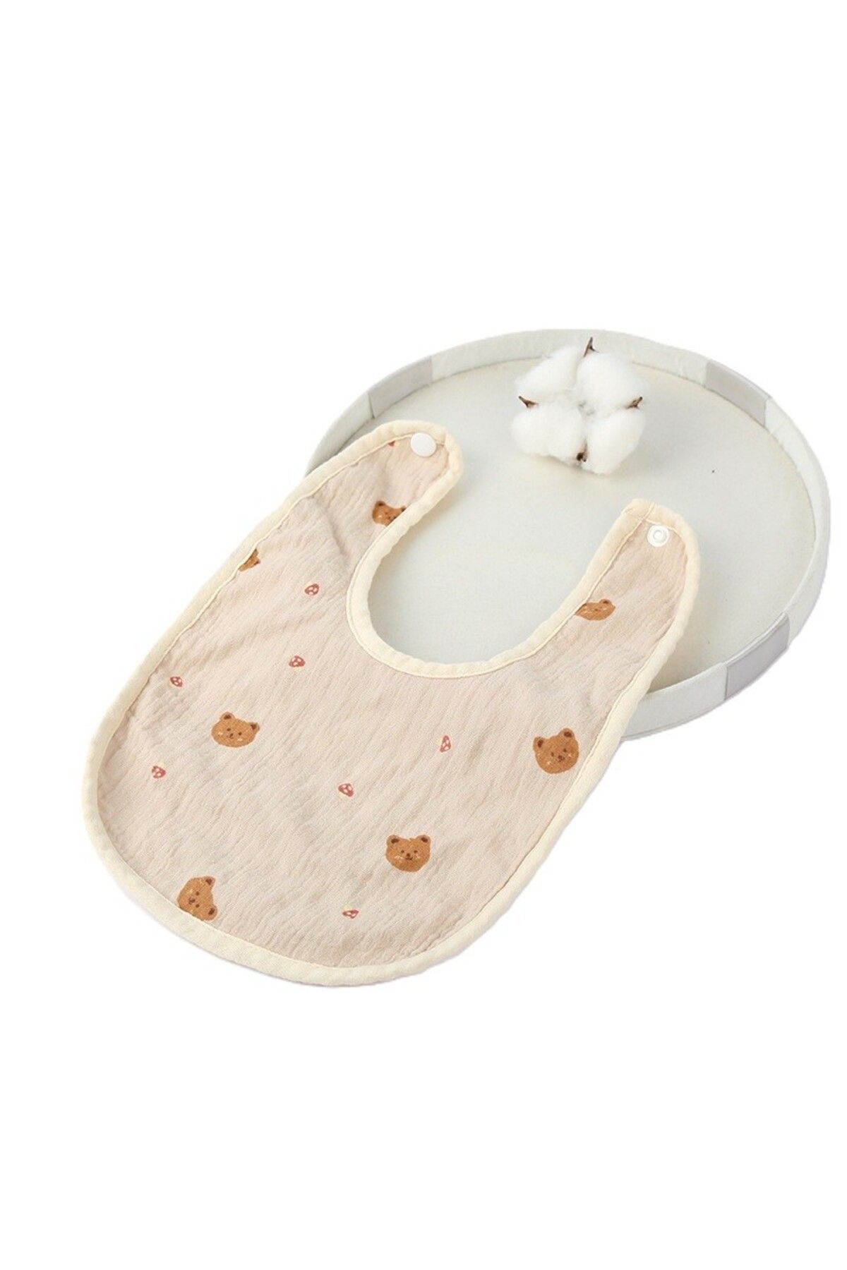 Flippy-Bavetă Bebe U-shape, Bumbac, 0–12 Luni, Impermeabilă, Capse, Model Ursuleț, 21x30 Cm, Bej 4