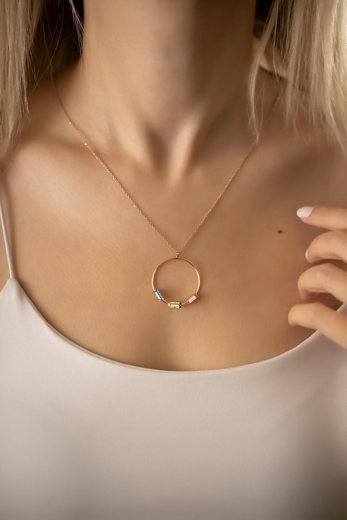 Ninova Silver Baget ve Halka Model Rose Kaplama Gümüş Crystal Kolye