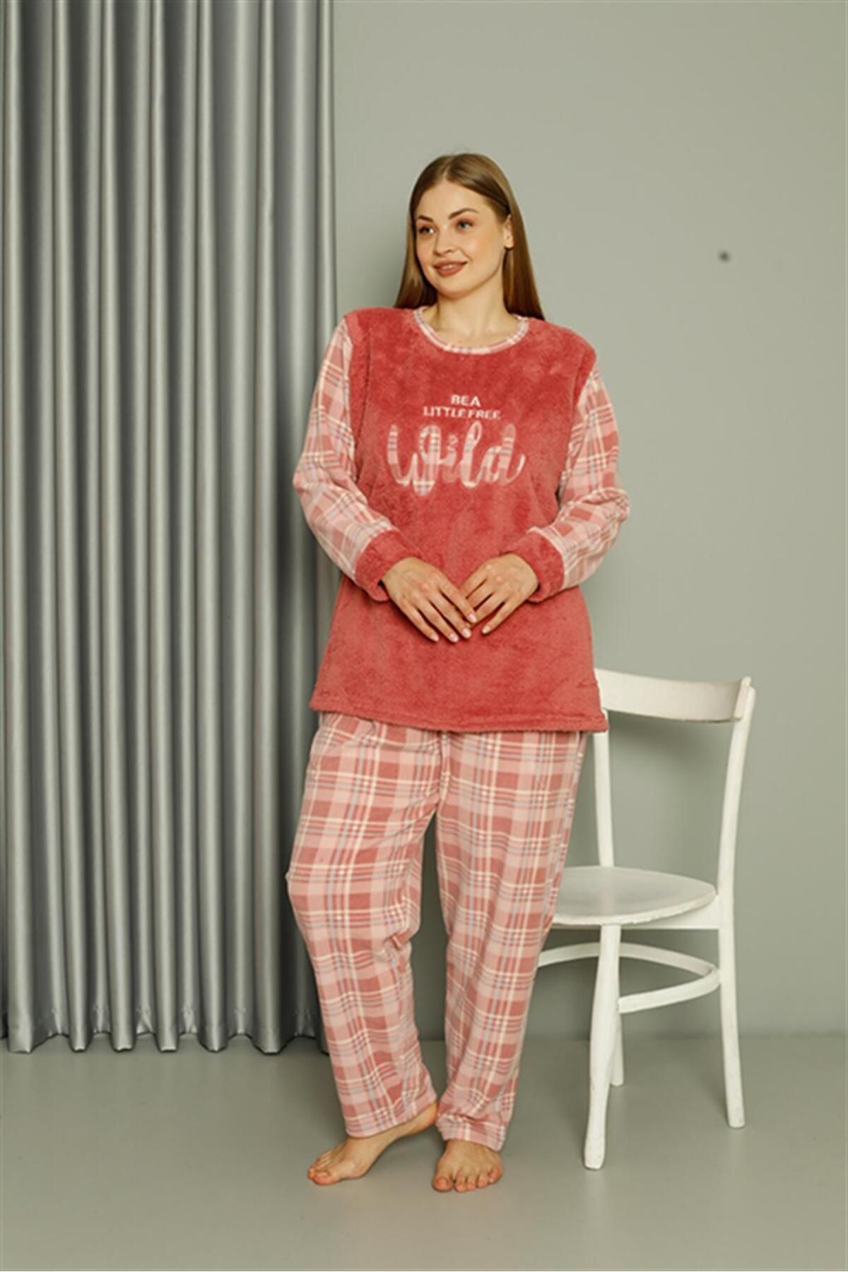 PuShe Çizgi Welsoft Polar Kadın Büyük Beden Pudra Pijama Takımı 808040