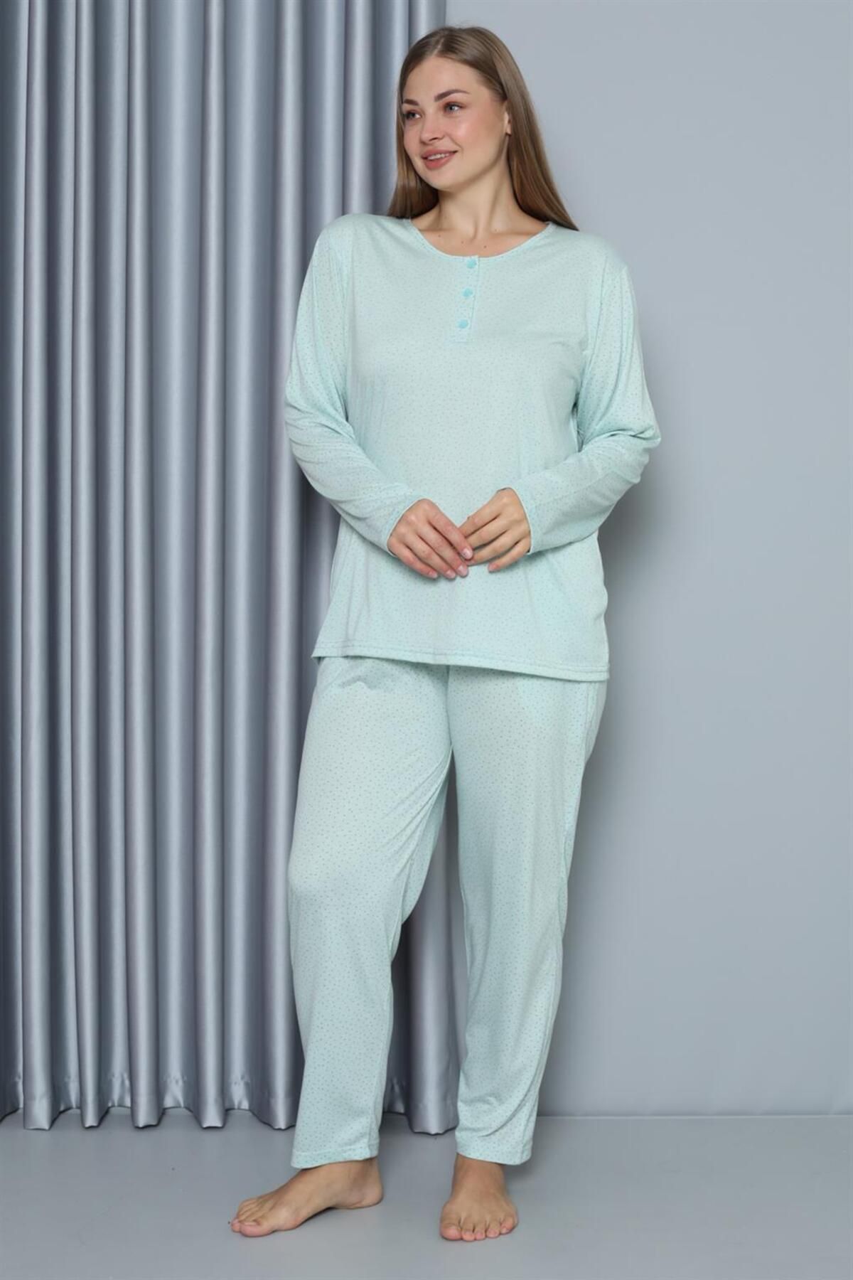 PuShe Moda Çizgi Kadın Büyük Beden Penye Uzun Kol Pijama Takım 202212