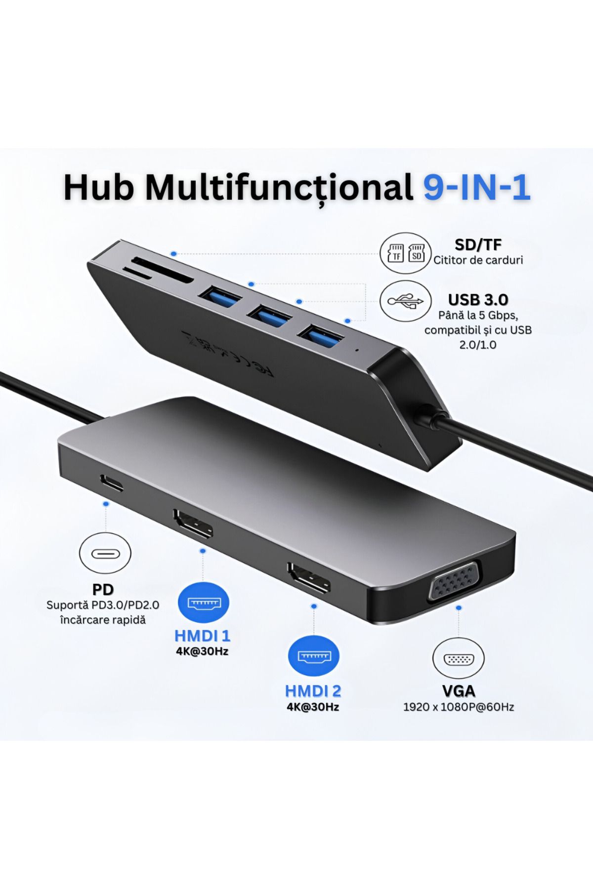 Velixo-9 In 1 Usb-c Hub, 2x Hdmi 4k, Vga, 3x Usb 3.0, Pd 87w, Sd/tf Reader, For Laptop/macbook/tableta Gray 2