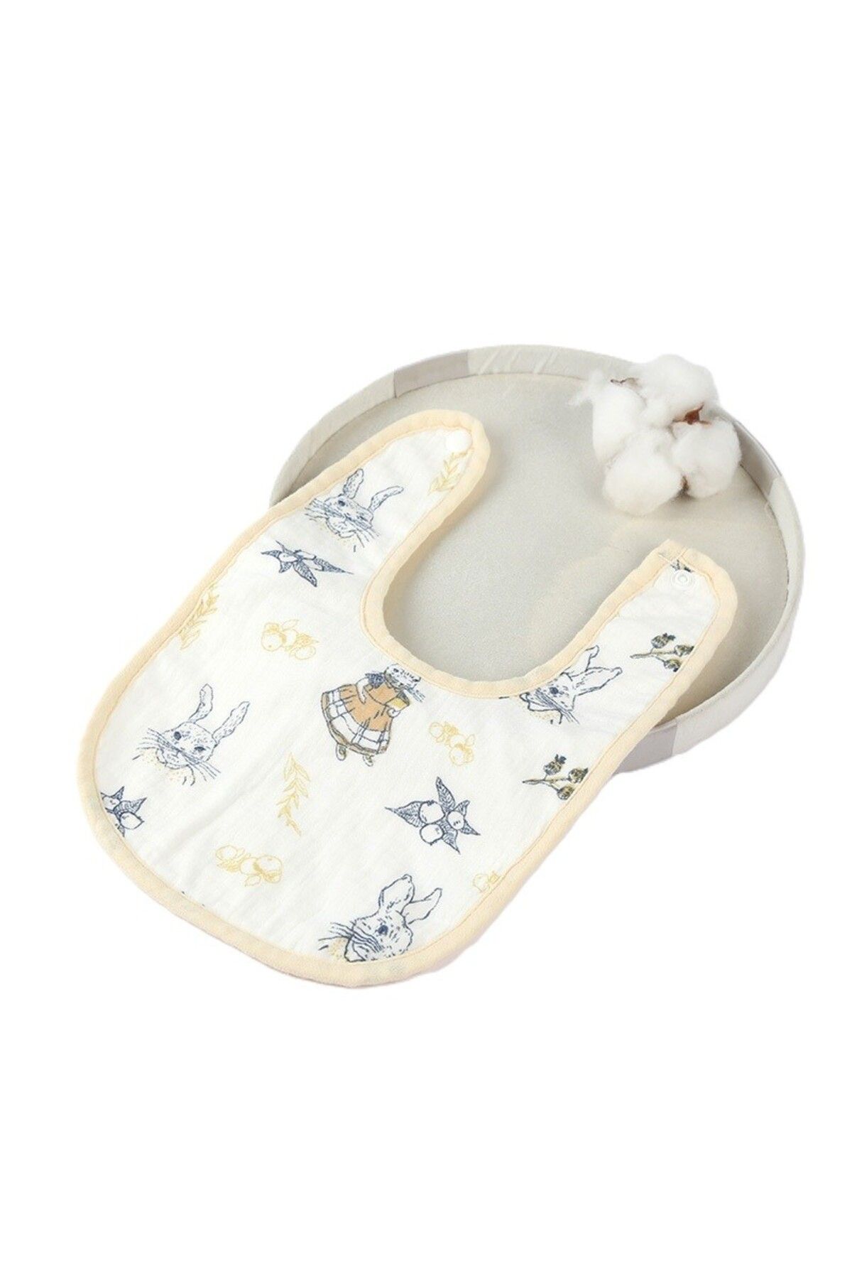 Flippy-Bavetă Bebe Forma De U, Bumbac, 0–12 Luni, Impermeabilă, Capse, Model Iepuraș, 21x30cm, Bej 1