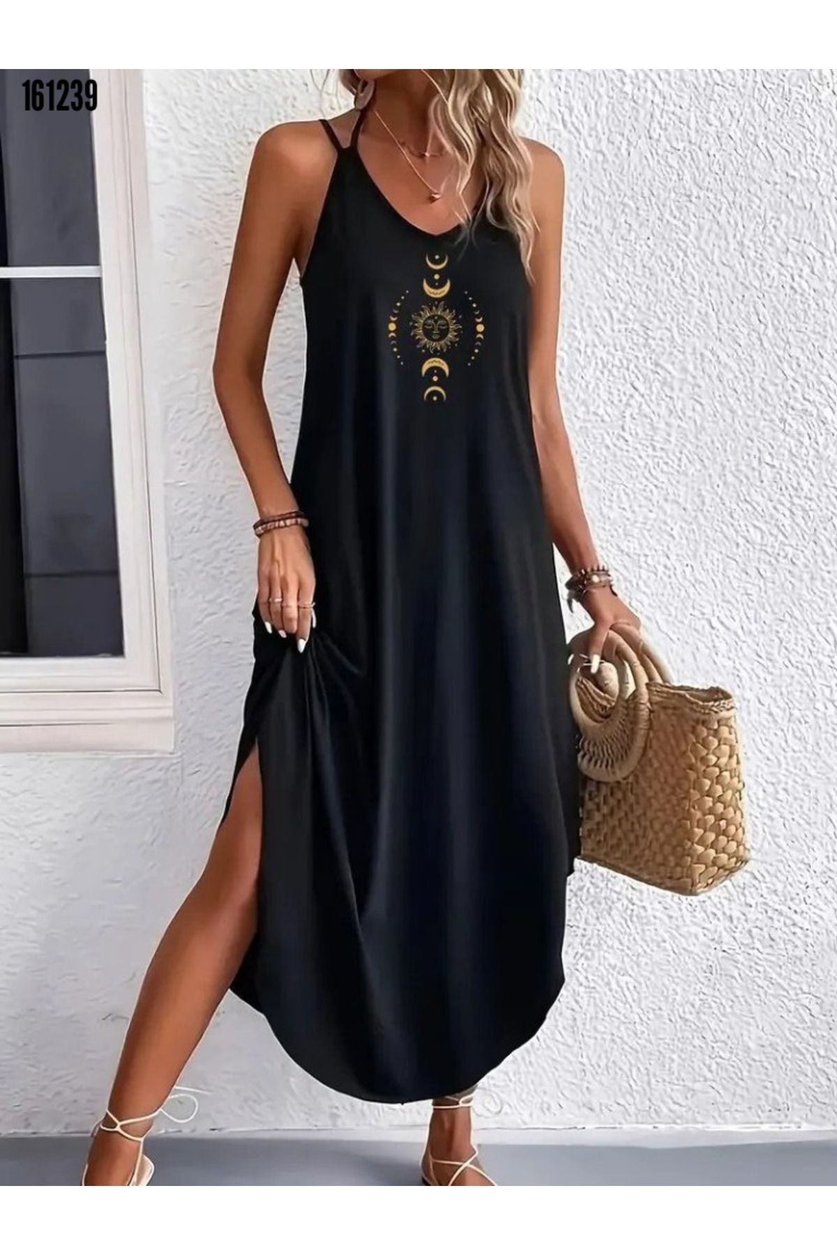 Kokosh moda Kadın Bisiklet Yaka Askılı Önde Baskı Detaylı Uzun Yazlık Elbise