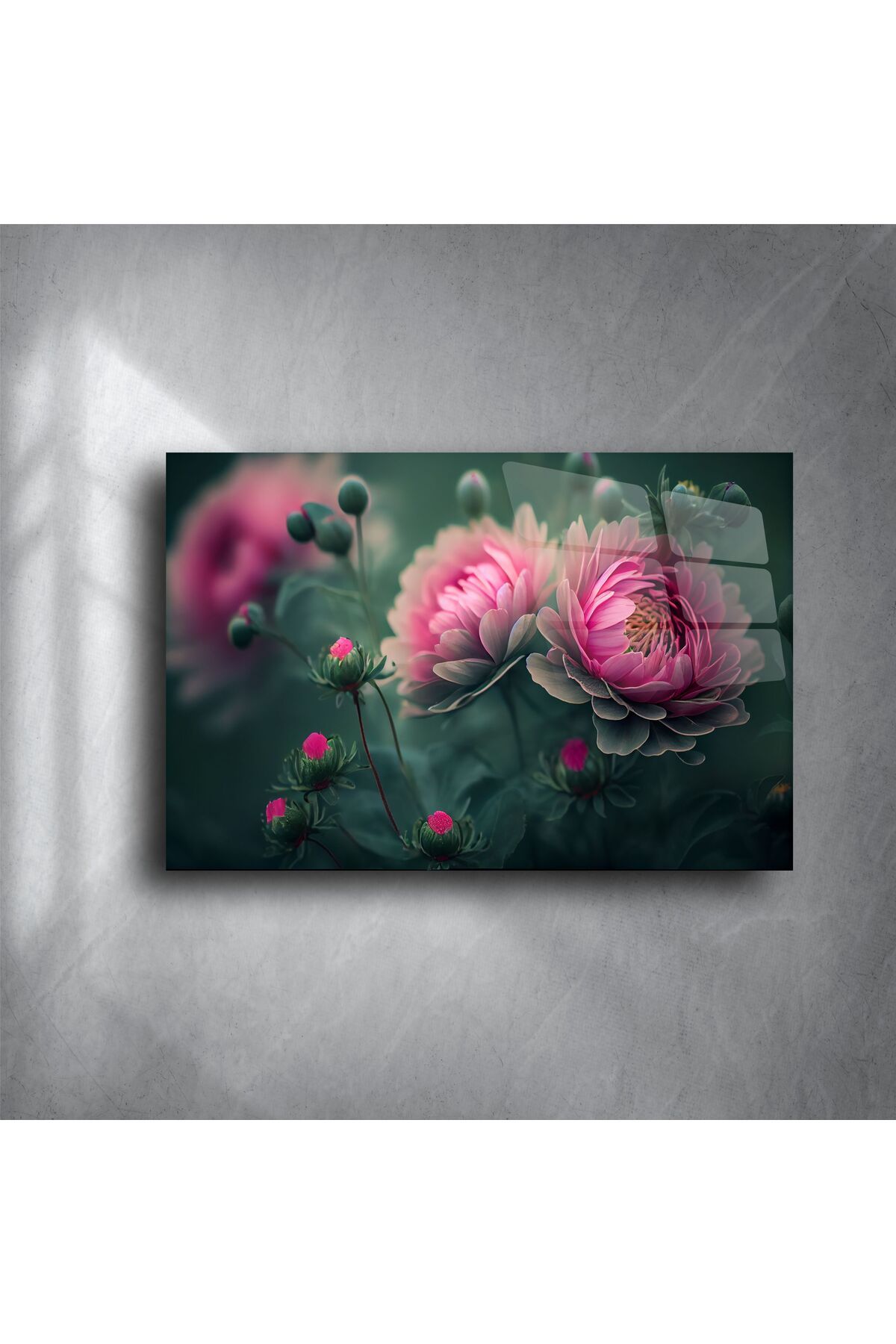 LEYLASER Lüks Cam Tablo Pembe Şakayık Çiçek Desenli Modern Duvar Dekoru