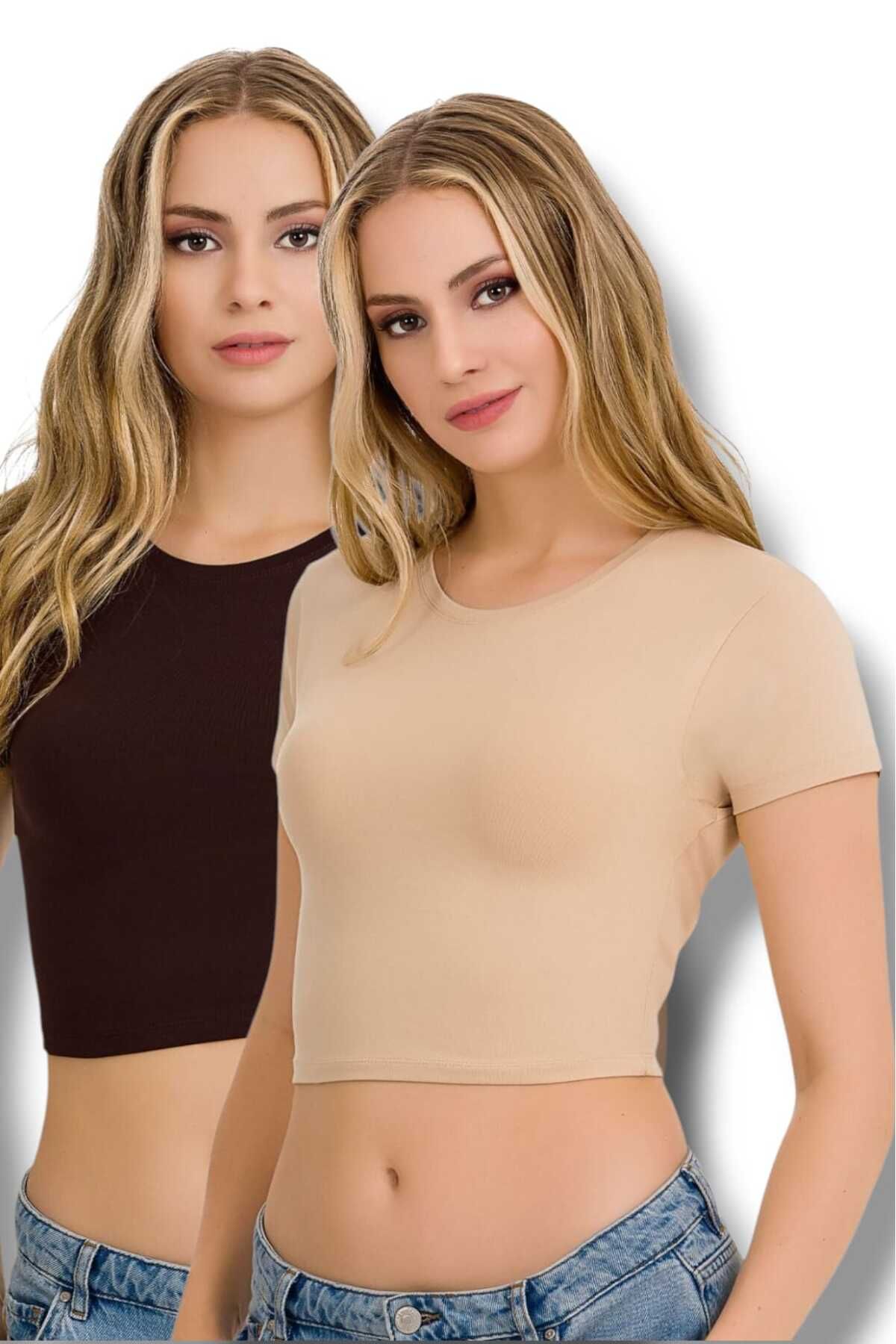 Fanilam İlke Kadın Elestan Kısa Kollu Crop -Pamuklu Şık Ve Rahat Yarım Atlet Body 2 adet