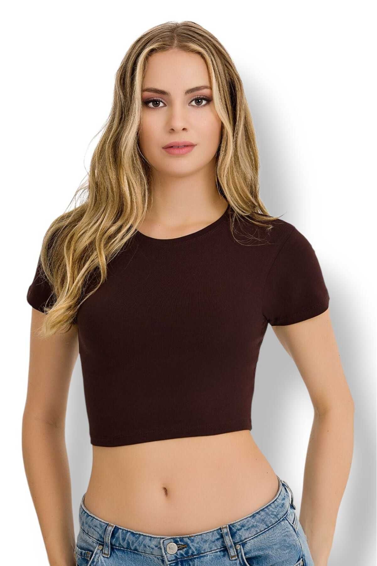 Fanilam İlke Kadın Elestan Kısa Kollu Crop -Pamuklu Şık Ve Rahat Yarım Atlet Body 2 adet