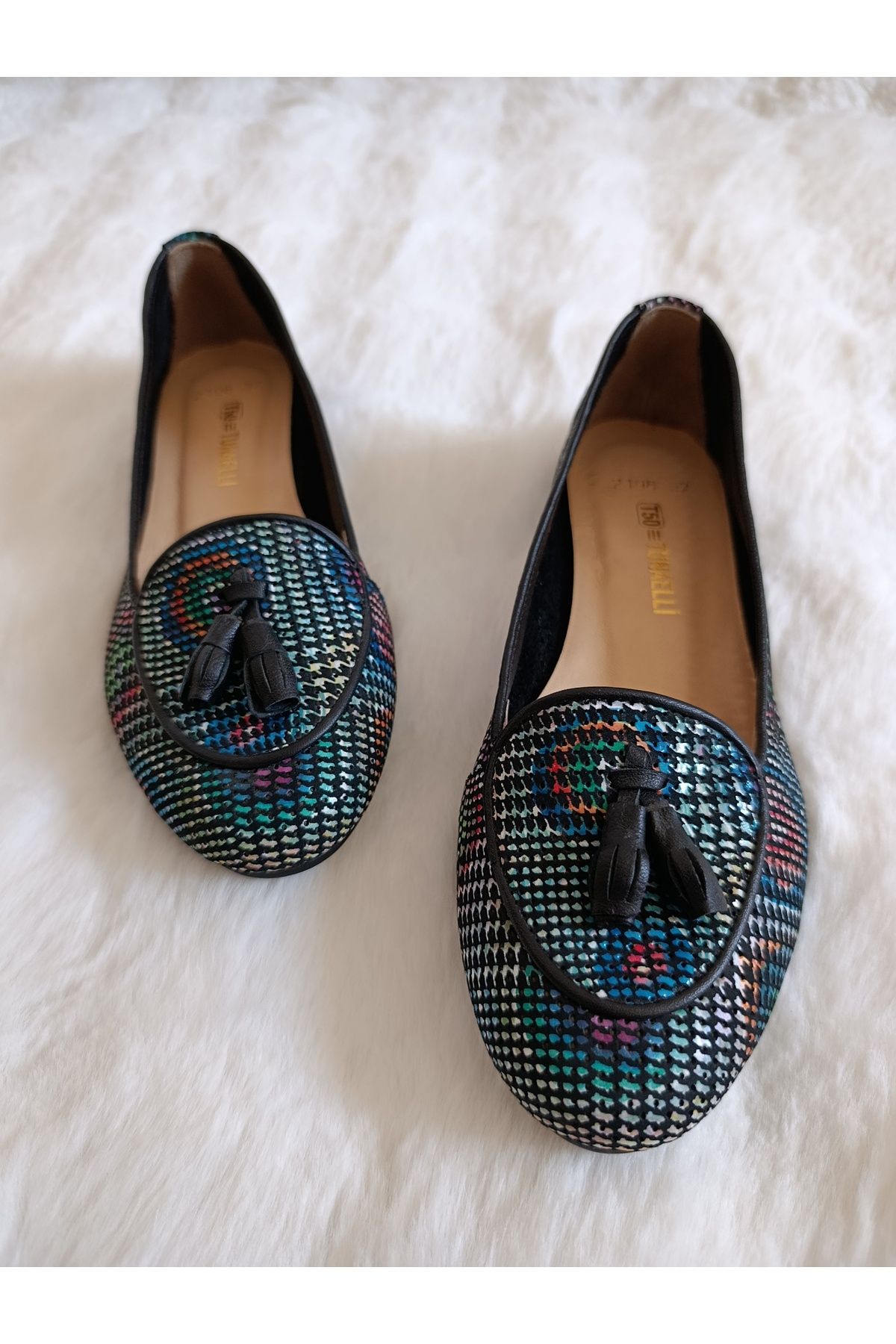 Ay Shoes Kadın Beyaz Desenli Deri 34-42 Numara Babet