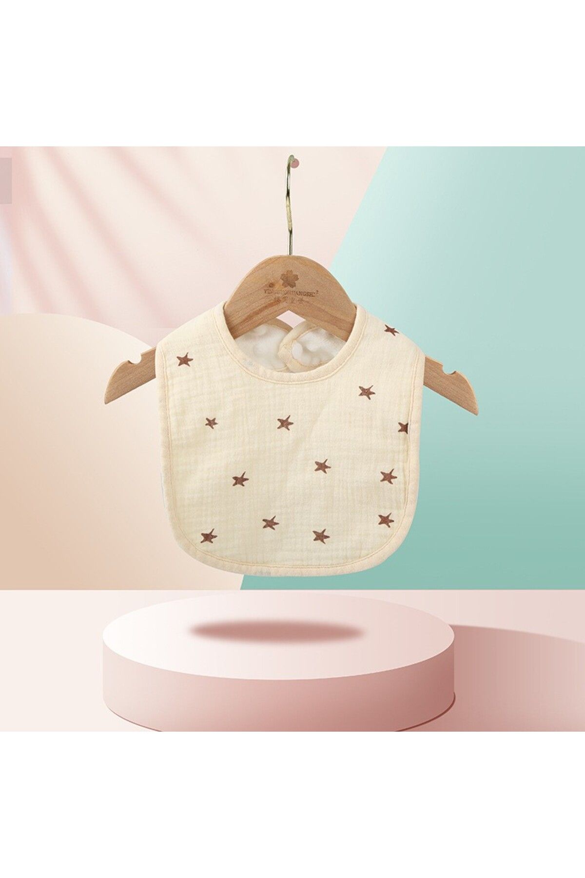 Flippy-Bavetă Bebe U-shape, Bumbac, 0–12 Luni, Impermeabilă, Capse, Model Stele, 21x30 Cm, Crem 3