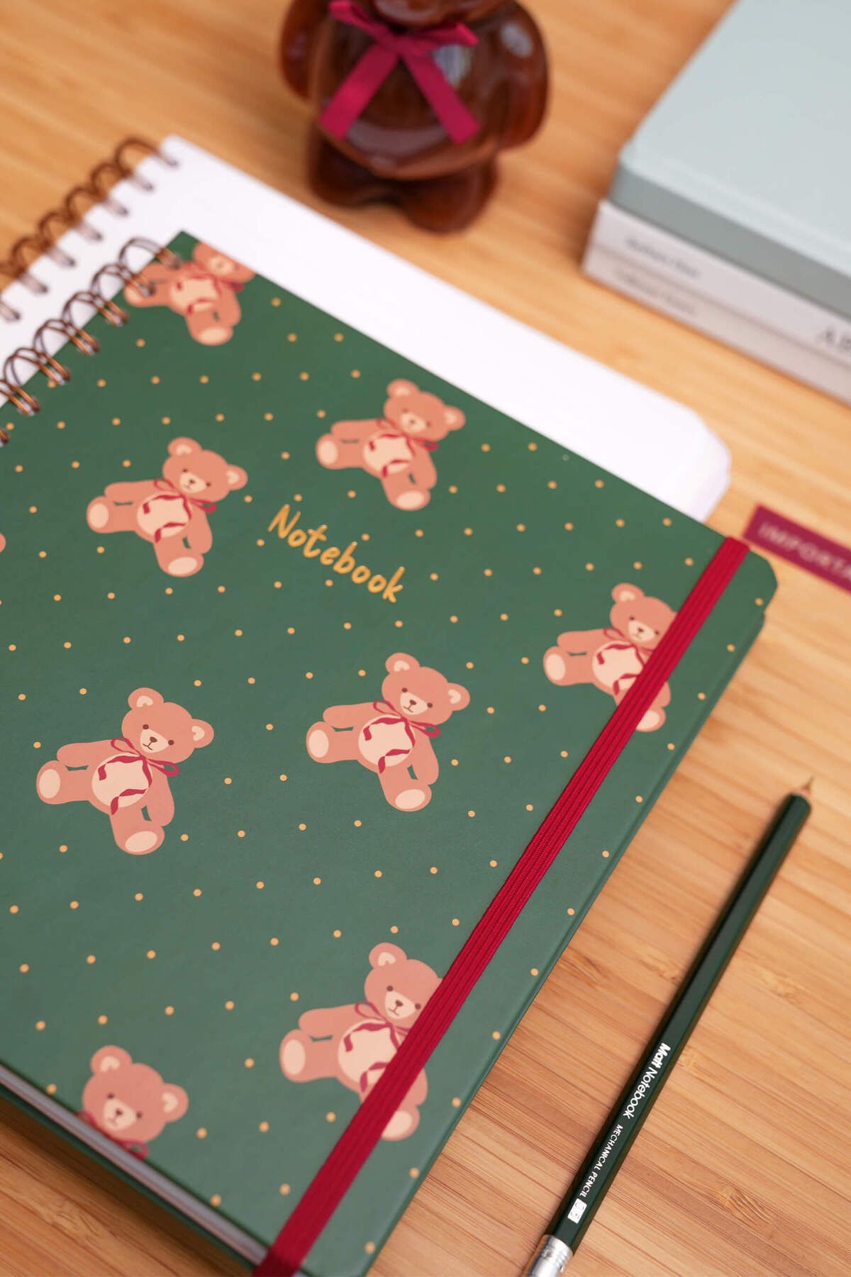 Matt Notebook-19X21 cm Square Elastic Spiral Hard Cover Notepad Lined Teddy Bears 4