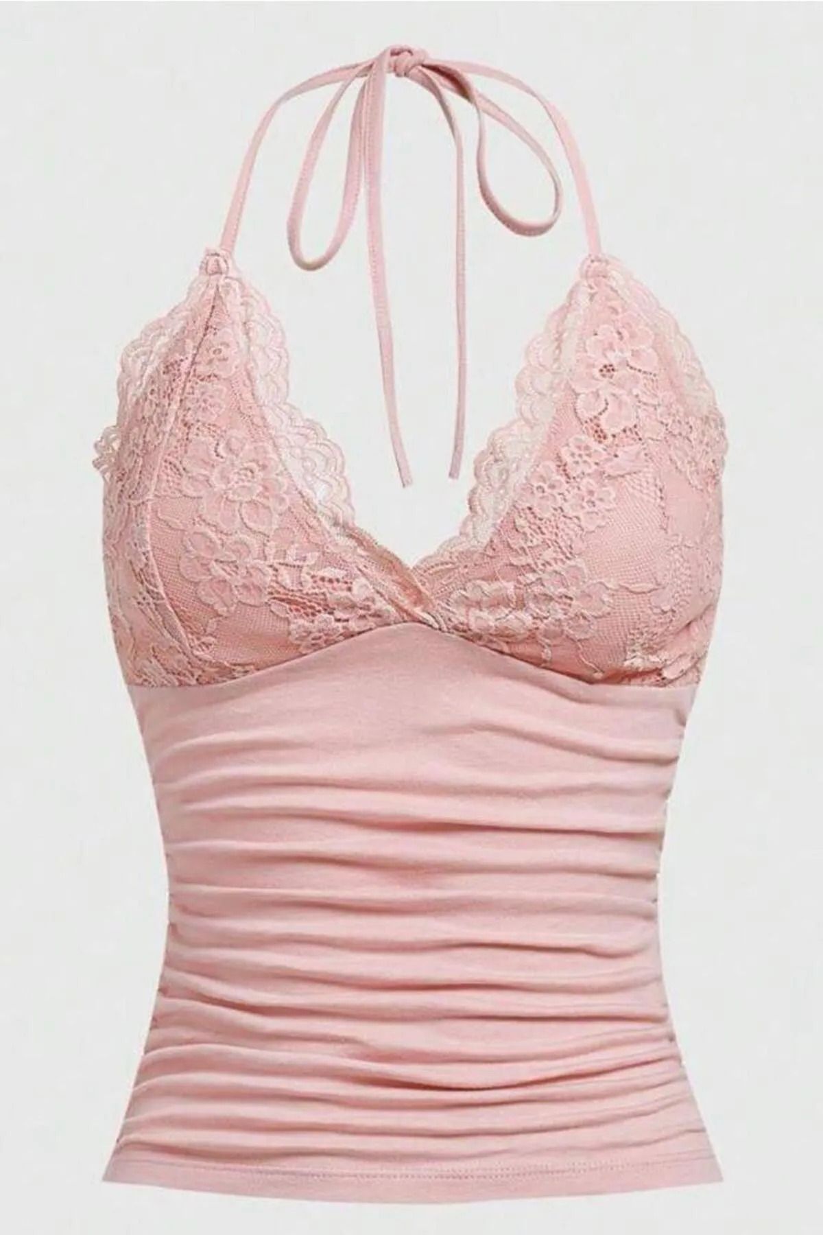 1blood PEMBE Dantelli V Yaka Gothic Boyun Bağlamalı Full Body Crop